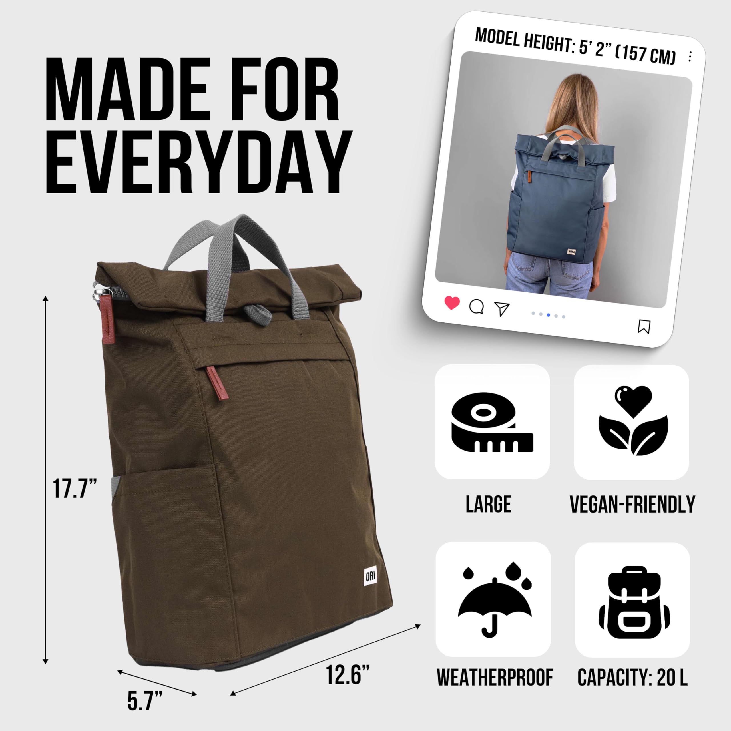 ORI LONDON Travel Backpack - Nylon Rolltop Backpack for Men & Women with Magnetic Closure - Perfect for Commuting & Travel