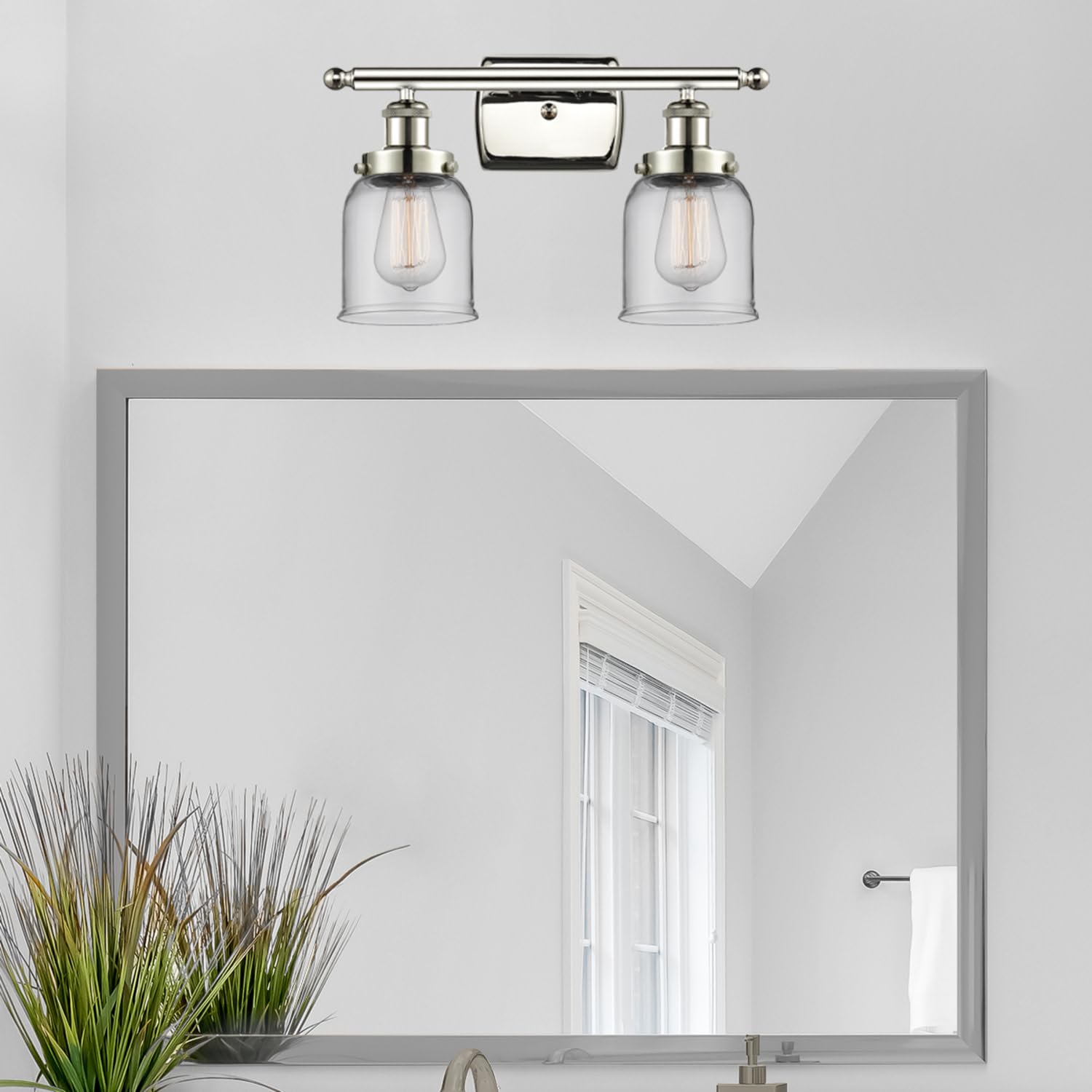 Bell 2-Light Bathroom Vanity Light Fixture in White & Polished Chrome - Modern Wall Sconce for Bathroom Mirror Lighting (916-2W-WPC-G513) - Perfect for Master Bath, Powder Room & Dressing Area Illumination