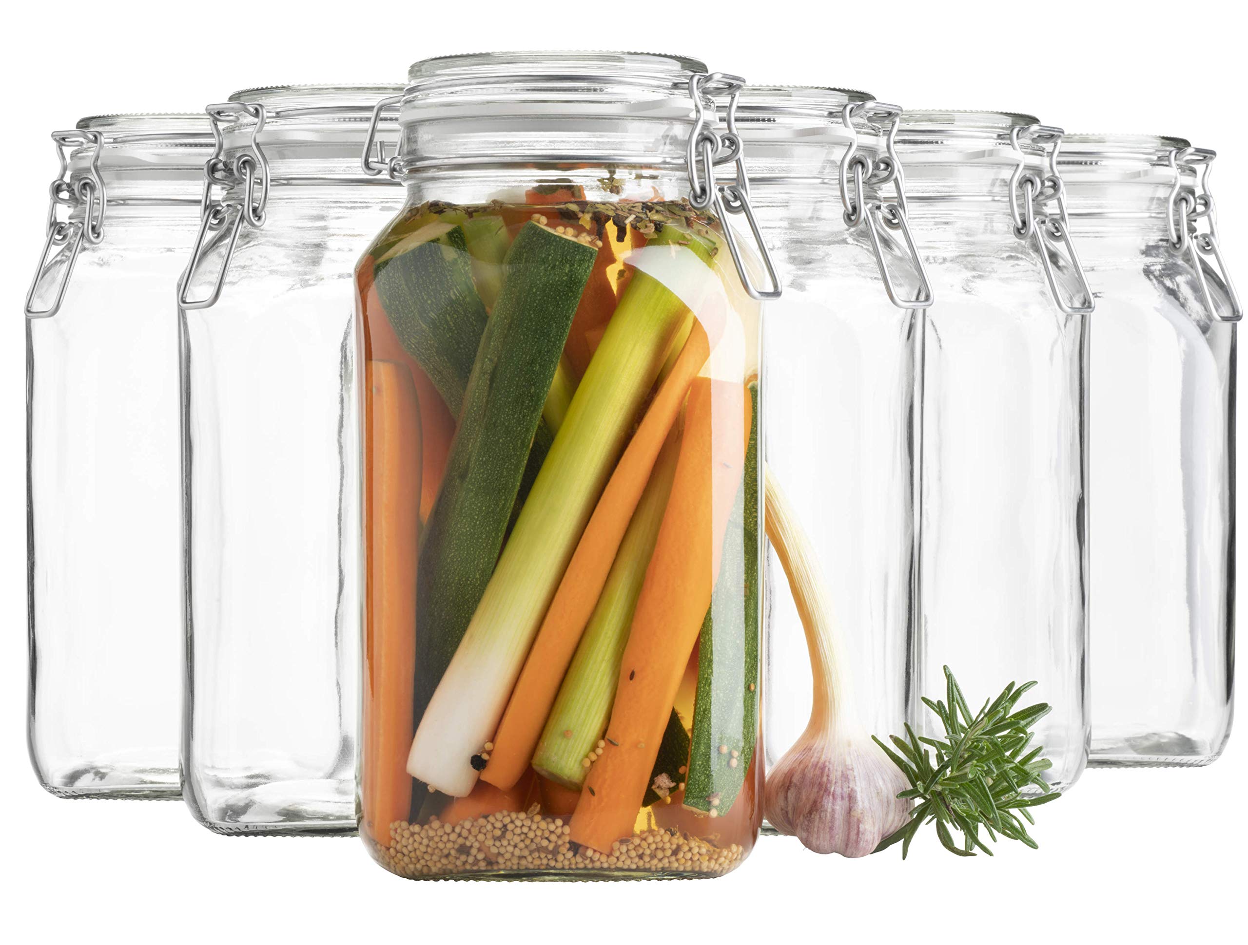 Gothika Series 6-Pack 2.5L Medium Swing Top Storage Jars with Gherkin Clip - Airtight Glass Containers for Pickles, Fermented Foods, Dry Goods & Pantry Organization - Perfect for Home Canning, Meal Prep & Kitchen Storage