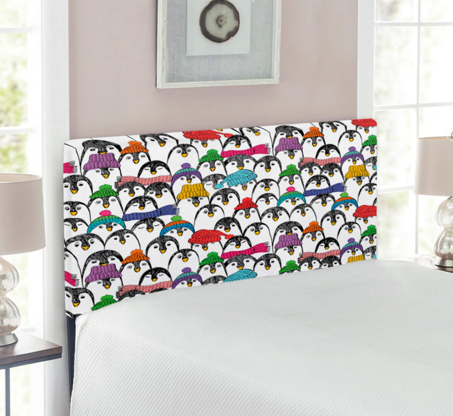 Ambesonne Sea Animals Twin Size Headboard - Colorful Penguins in Hats & Scarves Winter Design, Upholstered Metal Bed Frame with Memory Foam | Kids Room Decor, Nursery, Coastal Themed Bedroom