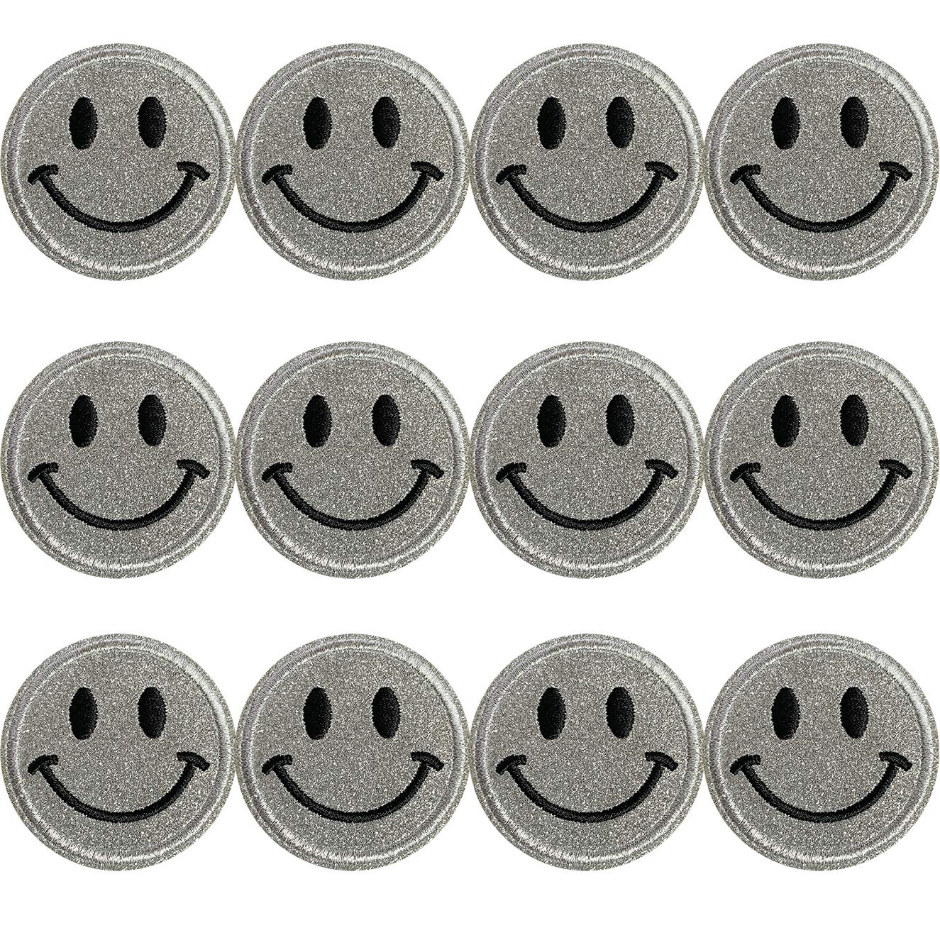 12pcs Silver Glitter Smiley Face Iron On Patches - Sew On & Iron On Applique for Clothes, Hats, Jackets, Bags - DIY Sewing Accessories for Jeans, Dresses, Plants (Silver) - Perfect for DIY Fashion, Costume Parties & Customizing Denim Outfits