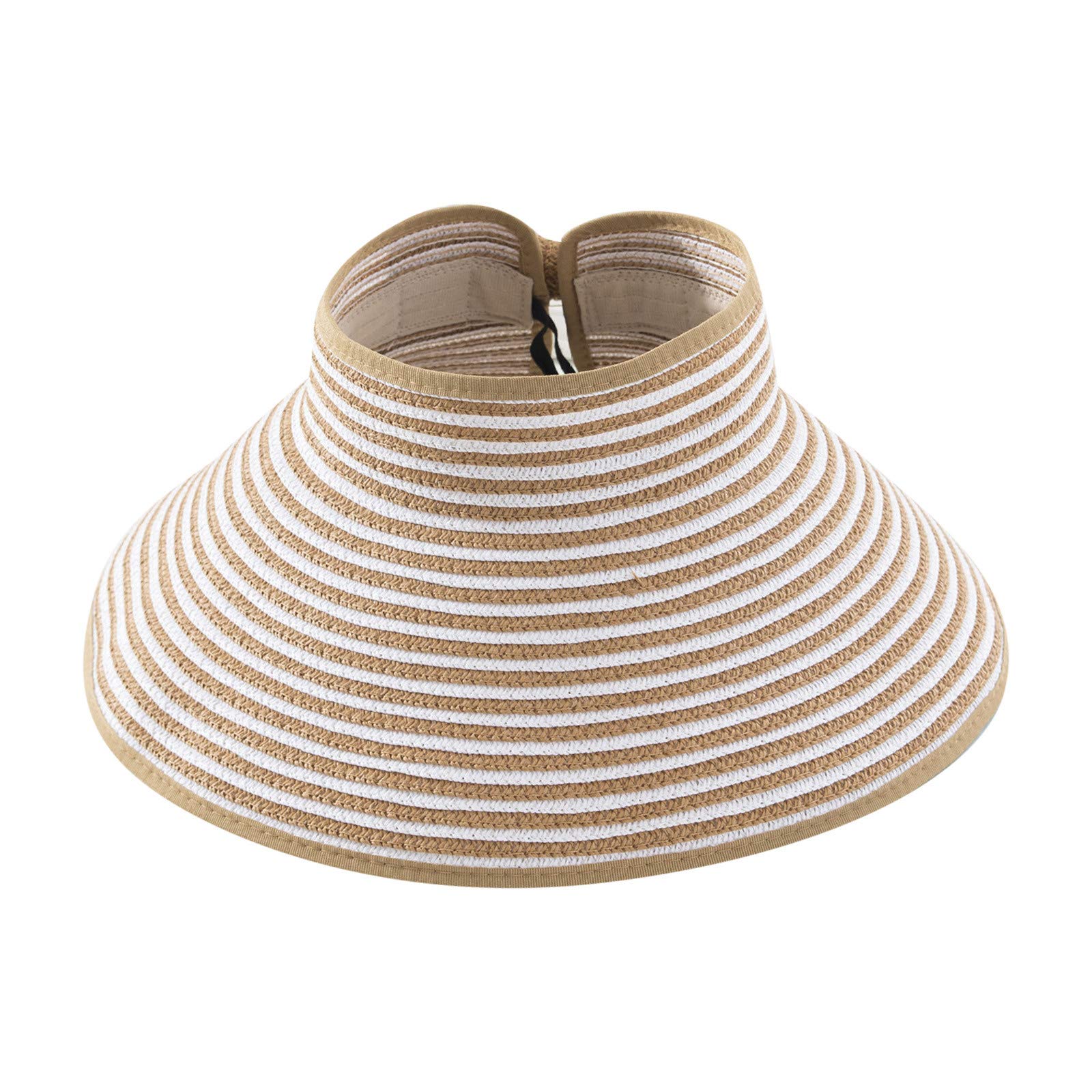 Vintage Striped Wide Brim UV Protection Straw Visor Hat for Women - Foldable Ponytail Sun Hat for Summer Beach, Travel & Outdoor Activities