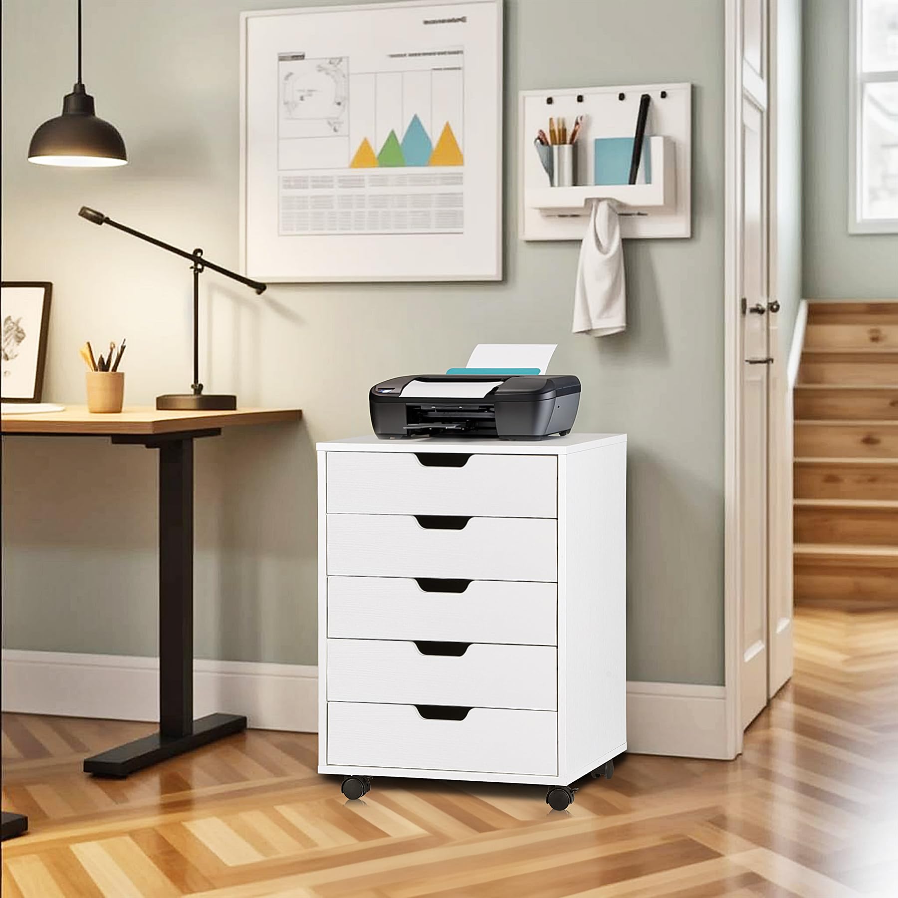 5-Drawer Mobile File Cabinet with Wheels - Under Desk Storage Organizer for Home Office, Small Rolling File Chest & Printer Stand - Modern White Office Furniture for Documents & Supplies (Large, NF0293) - Perfect for Home Offices, Small Spaces & Workspace Organization