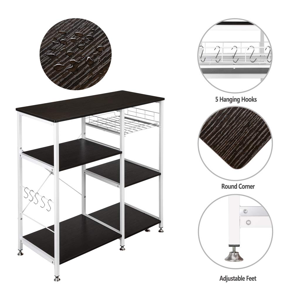 **Mytunes 3-Tier Metal Kitchen Baker's Rack with Microwave Stand, Wire Basket & 5 Hooks - Dark Brown Storage Shelf for Spices, Utensils & Small Appliances - Perfect for Small Kitchens, Apartments & Pantry Organization**