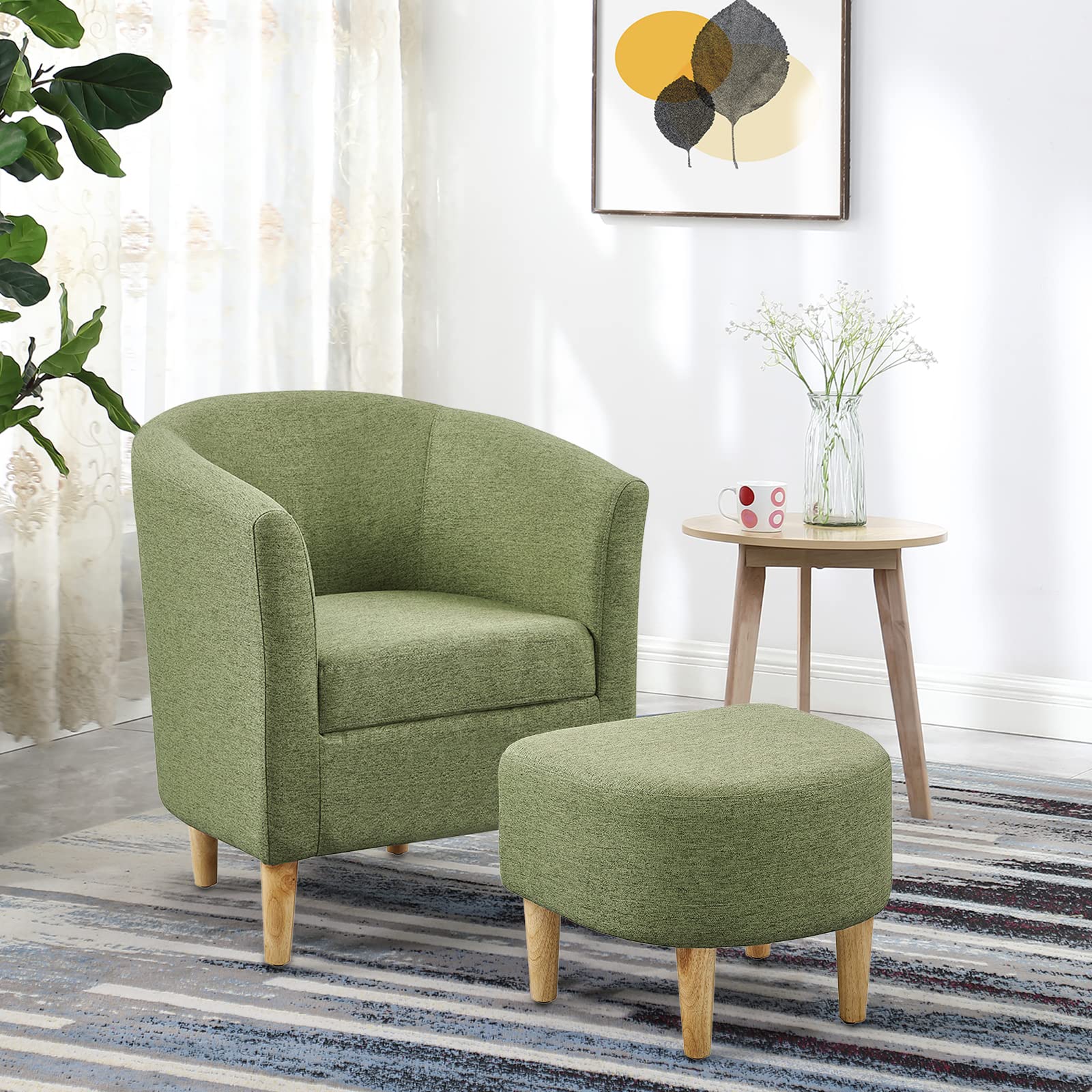 Mid Century Modern Accent Chair with Ottoman - Barrel Club Tub Sofa in Green Upholstery, Comfy Armchair with Footrest for Living Room, Bedroom & Reading Nook - Set of 1 - Perfect for Relaxing & Home Decor
