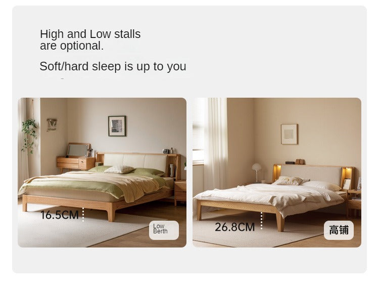 Solid Oak Wood Leather & Fabric Luminous Bed with Shelf - Modern Platform Bed Frame with Storage for Bedroom, Guest Room, or Dorm