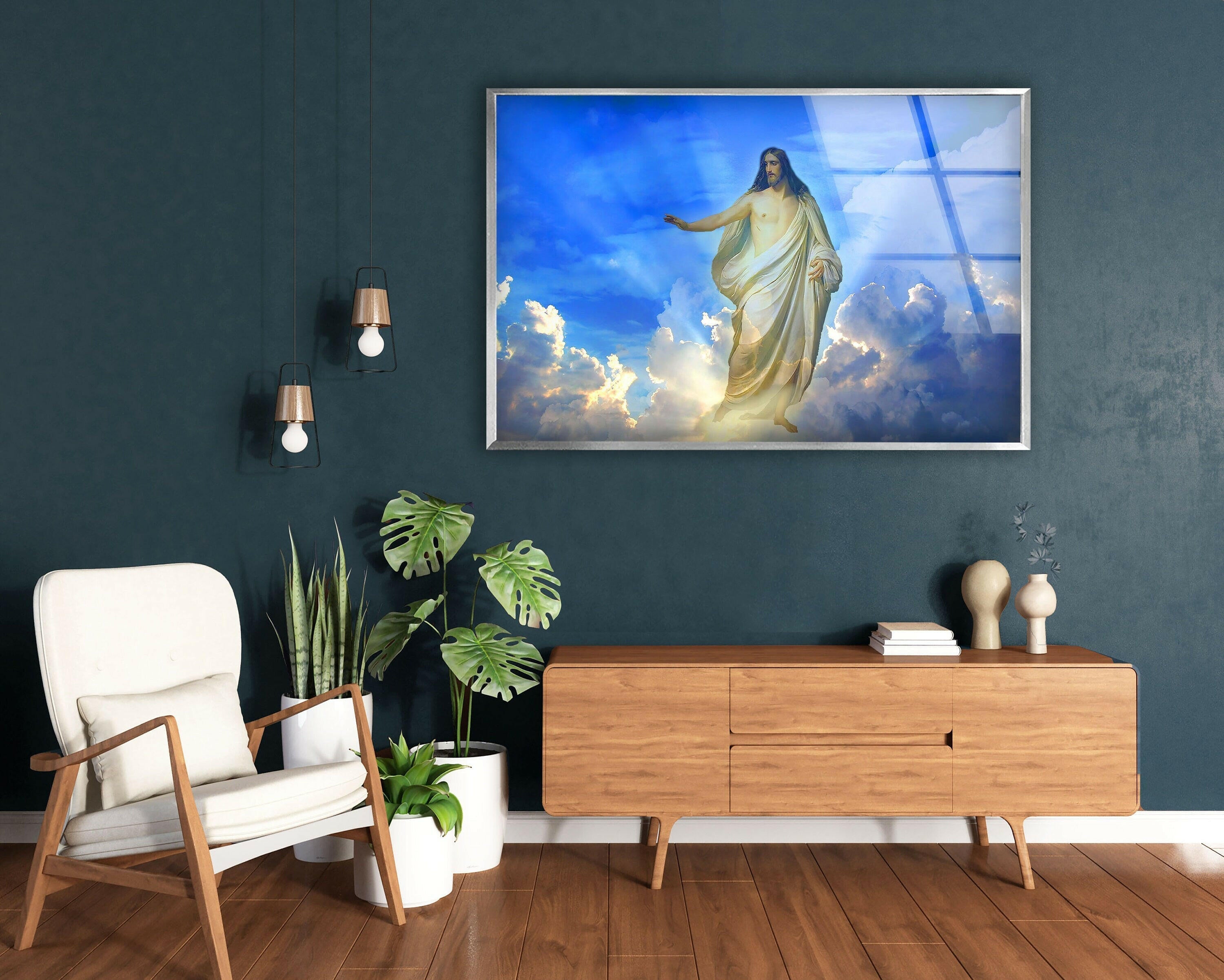 Blue Christian Jesus Cross Glass Wall Art - Handmade Religious Home Decor for Church, Bedroom & Office - Perfect Gift for Faithful Believers