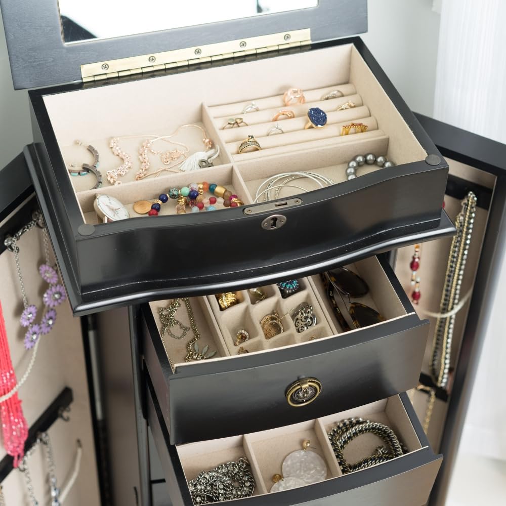 Noelle Locking Jewelry Armoire with Mirror & 7 Drawers - Necklace, Earring Organizer for Bedroom