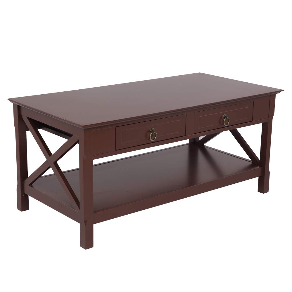 FCH Solid Wood Coffee Table with Two-Pull Drawers - Rustic Brown Crossed Legs Design for Living Room, Lounge & Office Decor