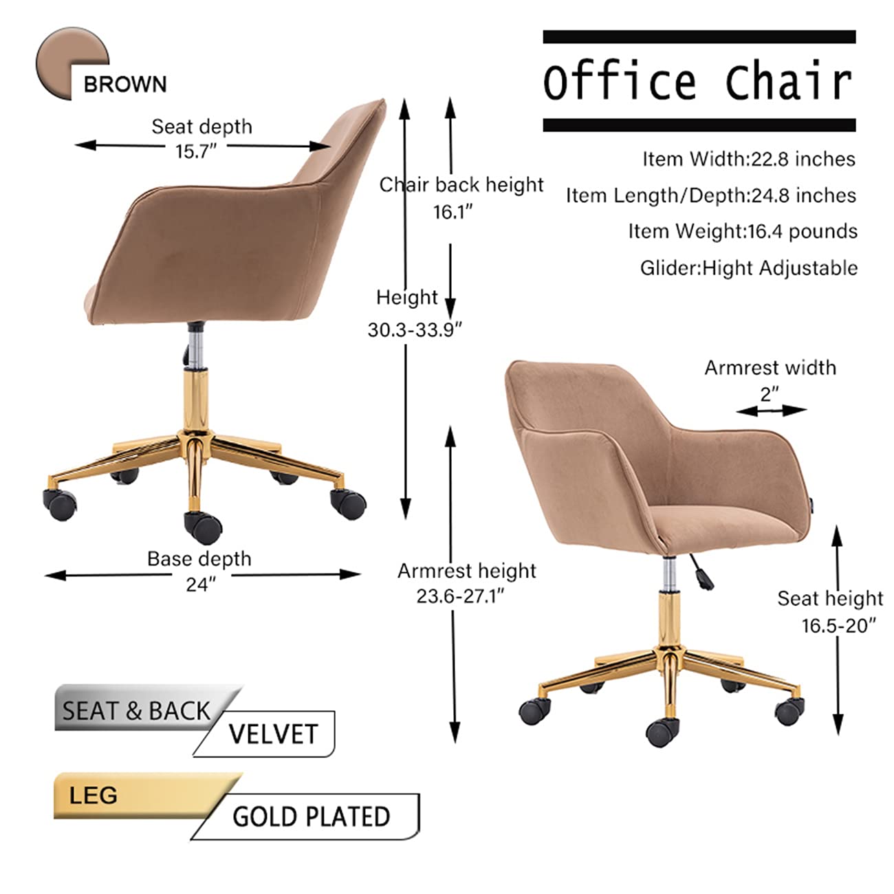 Ergonomic Swivel Office Chair with Wheels & Adjustable Armrests - Modern Velvet Task Chair for Home Office, Bedroom & Workspace - Light Coffee Computer Desk Chair for Comfort & Productivity
