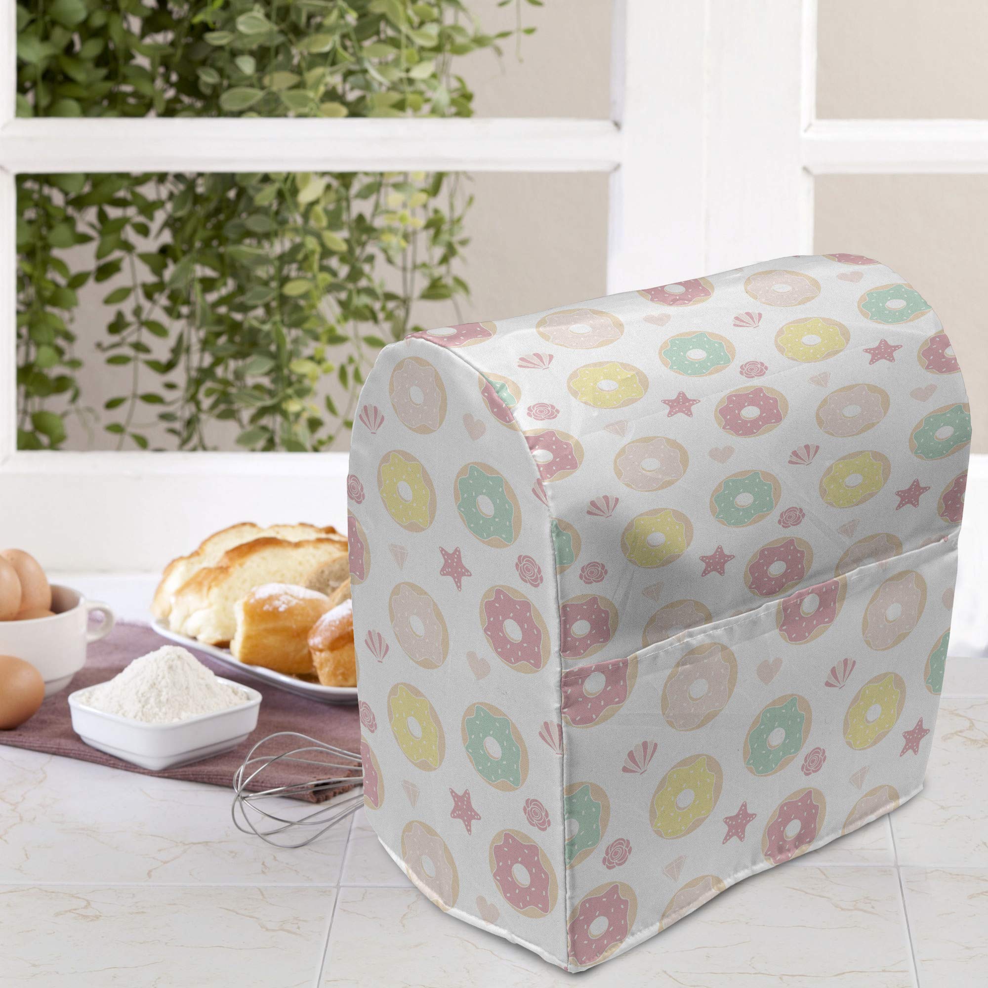 Ambesonne Donut Stand Mixer Cover - Pastel Glazed Bakery Print Kitchen Appliance Organizer with Pocket (Fits 6-8 Quart Mixers, White Multicolor) - Perfect for Baking Enthusiasts & Kitchen Organization