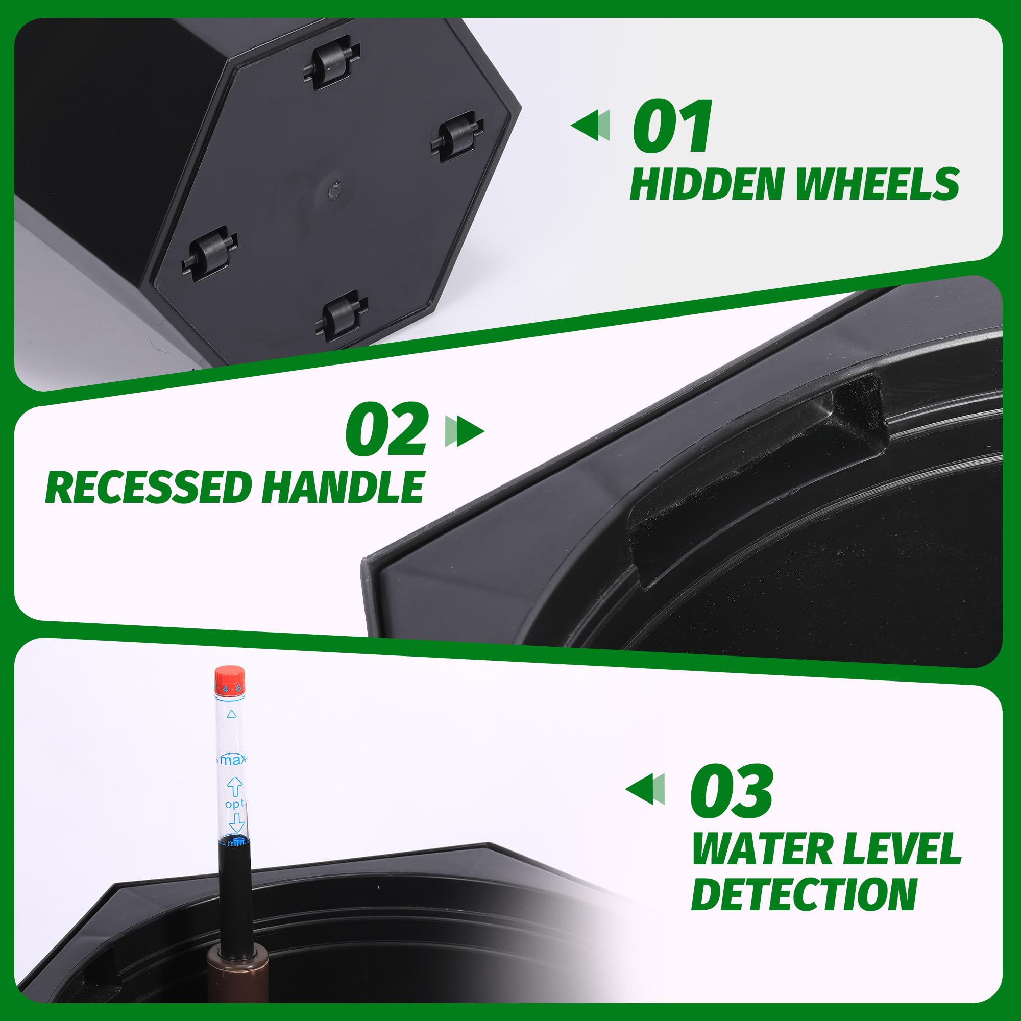 GARVEE 16 Inch Tall Self Watering Planters Set of 2 - Indoor Outdoor Large Flower Pots with Water Level Indicator, Drainage Hole & Wheels - Perfect for Garden, Patio, Balcony, Living Room, Office Decor (Black)