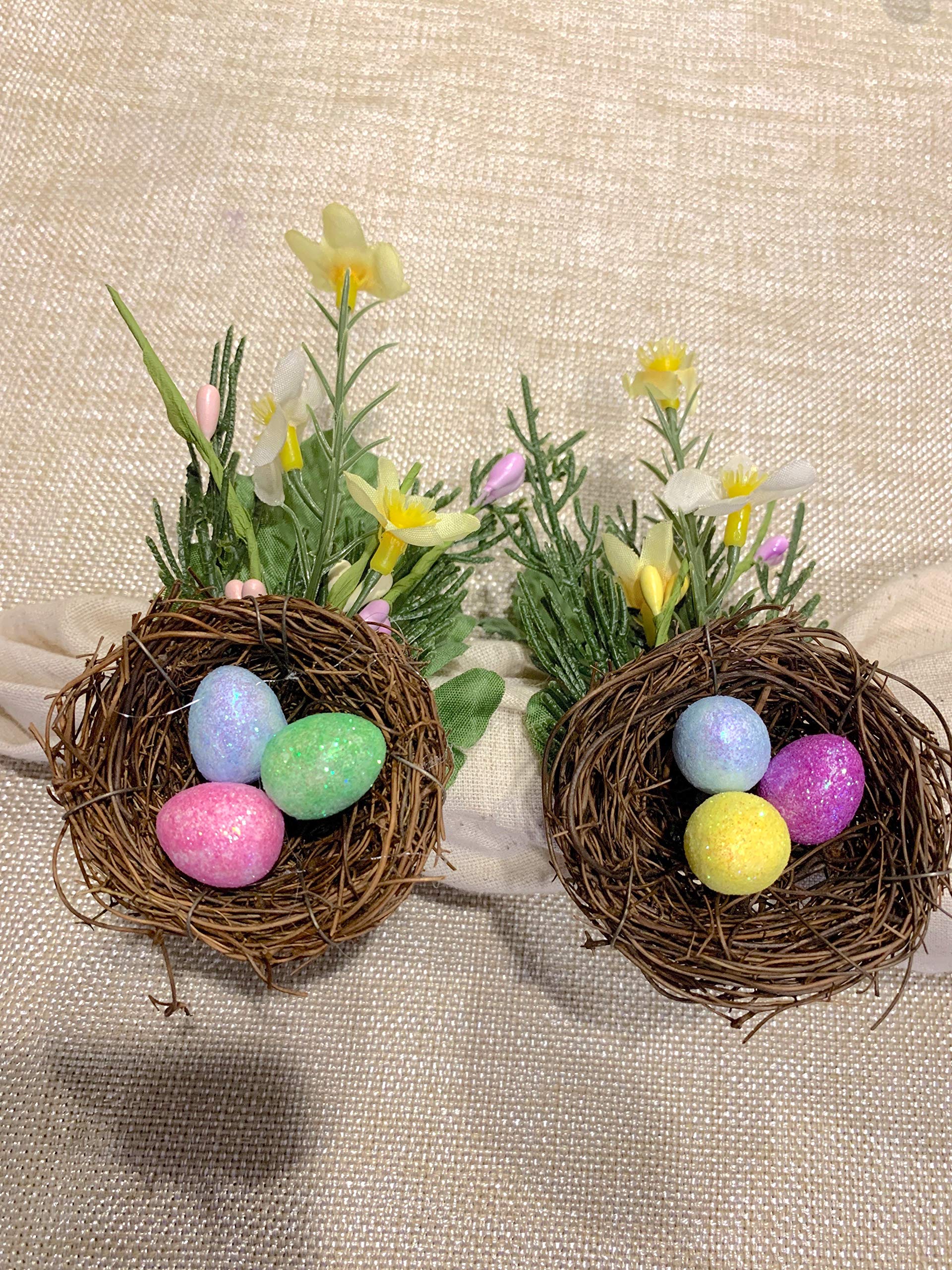 Easter Spring Bird Nest Napkin Rings with Yellow Flowers - Set of 6 Table Decor for Spring Brunch, Easter Dinner & Wedding Decorations