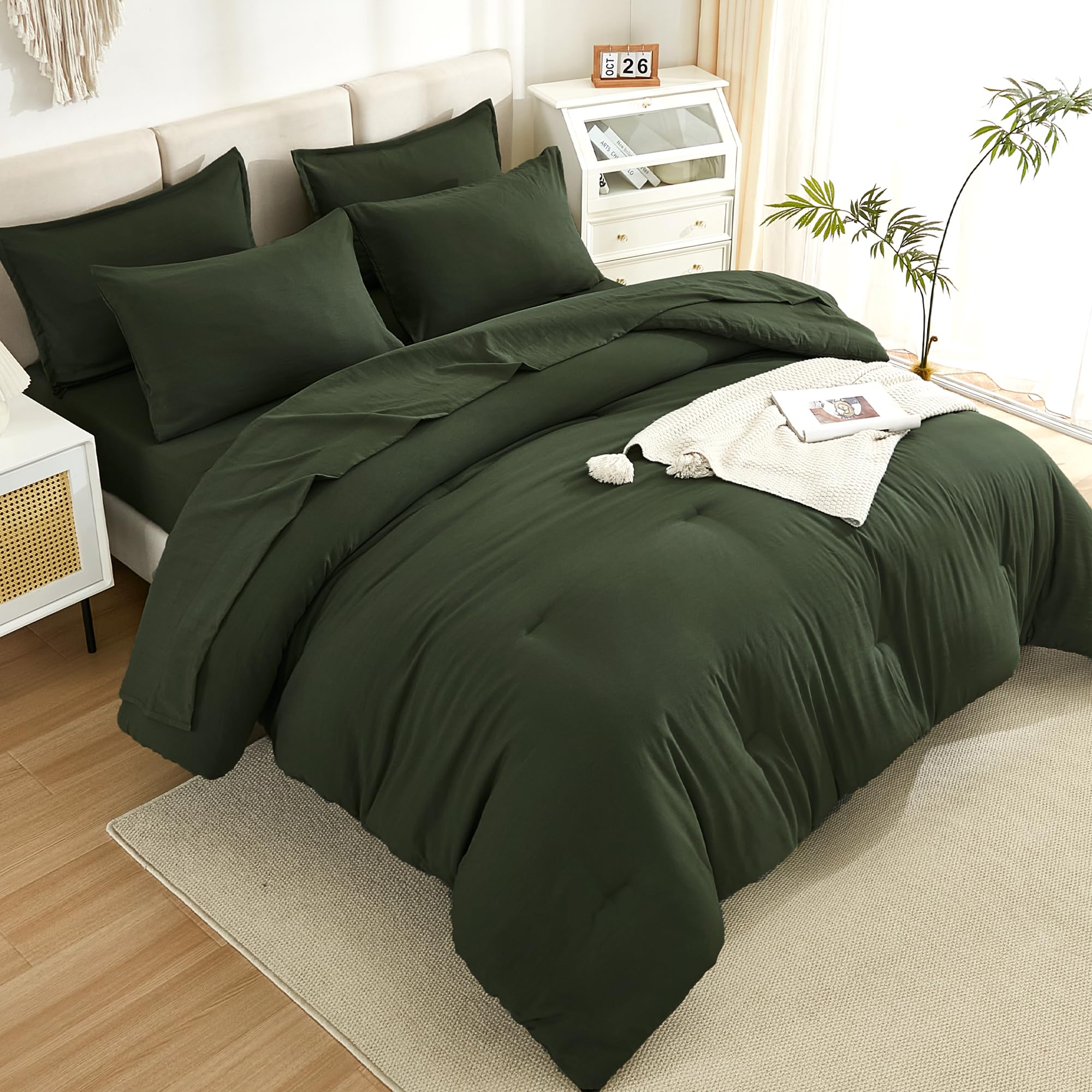 Litanika Dark Olive Green King Size Comforter Set - 7 Piece All-in-One Bedding Bundle with Lightweight Comforter, Sheets & Pillowcases | Perfect for Master Bedroom, Guest Room & Cozy Home Decor