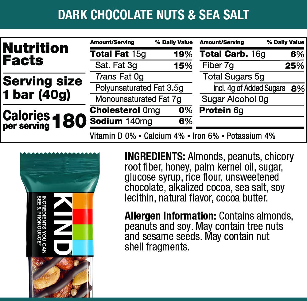 KIND Bars, Dark Chocolate Nuts & Sea Salt - Healthy Protein Snacks (6g Protein, Gluten Free, Low Sugar) - 6 Count Pack - Perfect for On-the-Go Energy & Workout Recovery