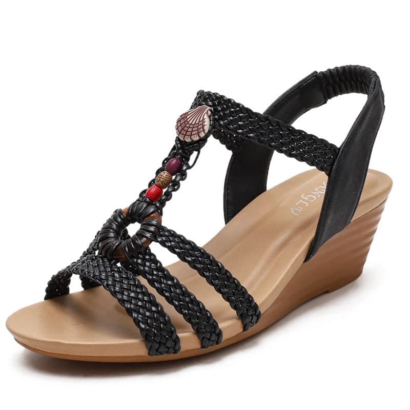 JrenBox Women's Summer Bohemian Sandals - Retro Woven Deep Toe Design Fashion Sandals for Women (Black, Size 4) | Perfect for Beach Vacations, Casual Outings & Boho Style