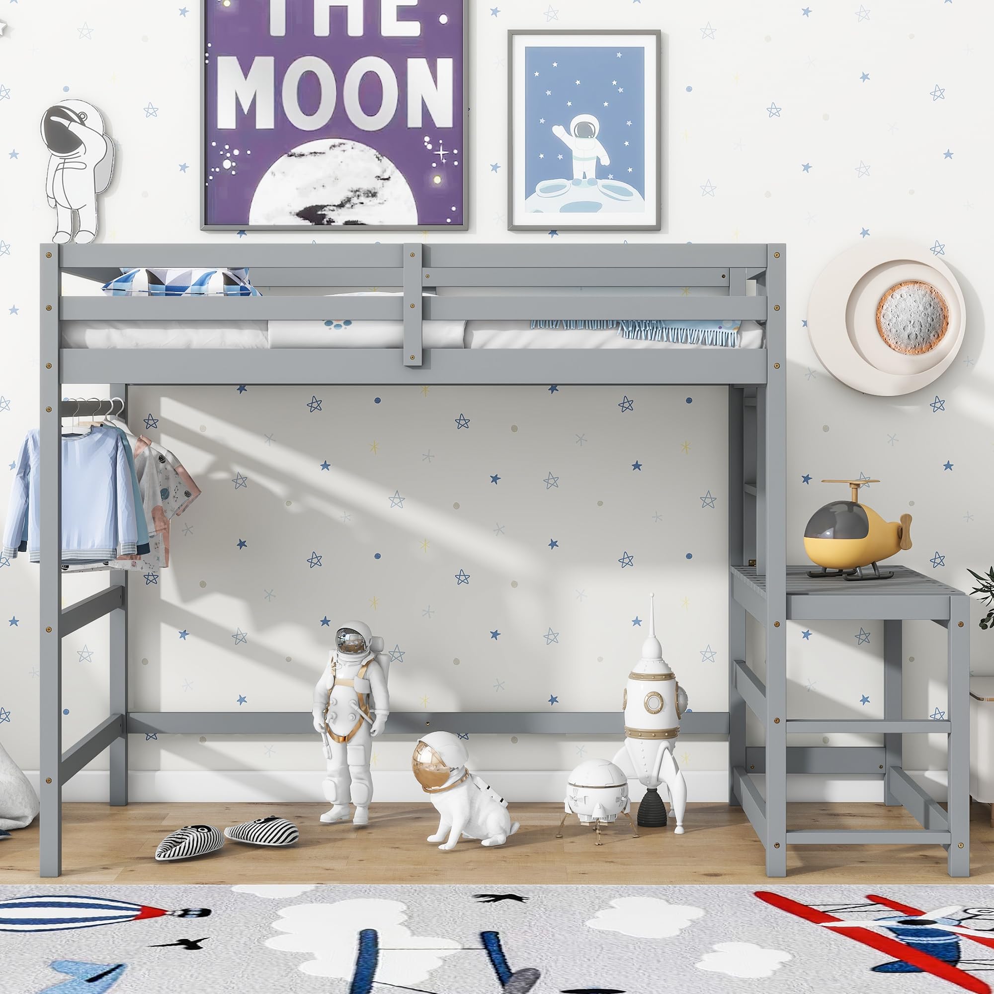 **Twin Size Wooden Loft Bed with Ladder, Guardrails & Landing Platform – Space-Saving High Loft Bed with Slats Support & Under-Bed Storage – No Box Spring Needed (Gray) – Perfect for Kids, Teens & Small Bedrooms**
