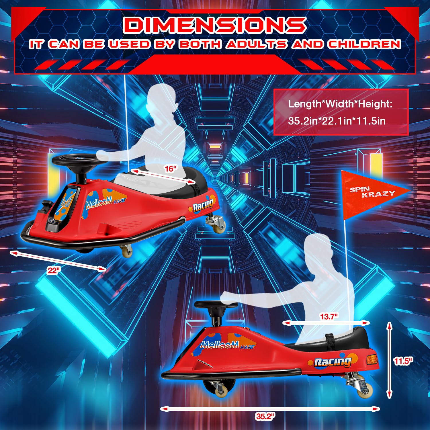 MELLCOM 24V Electric Drifting Go Kart for Kids - 360° Rotatable Wheels, Bluetooth, Music & LED Lights - Ride On Toy Car with Acceleration Pedal - Perfect for Backyard Racing, Birthday Gifts & Outdoor Play (Red)