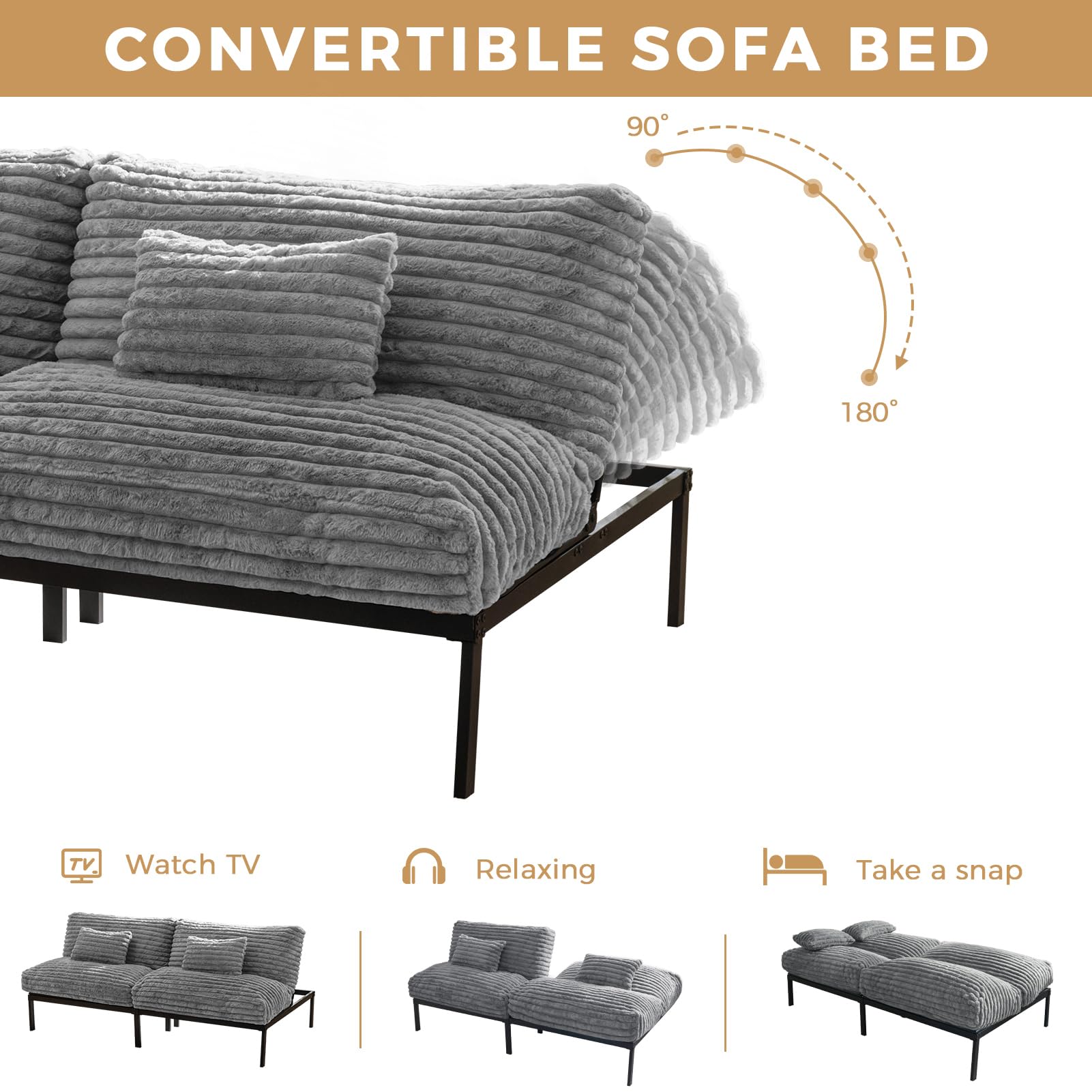 MAXYOYO Convertible Futon Sofa Bed - Grey Sleeper Couch for Small Spaces, Living Room, Guest Room & Dorm | Multi-Functional Foldable Futon for Lounging, Sleeping & Extra Seating
