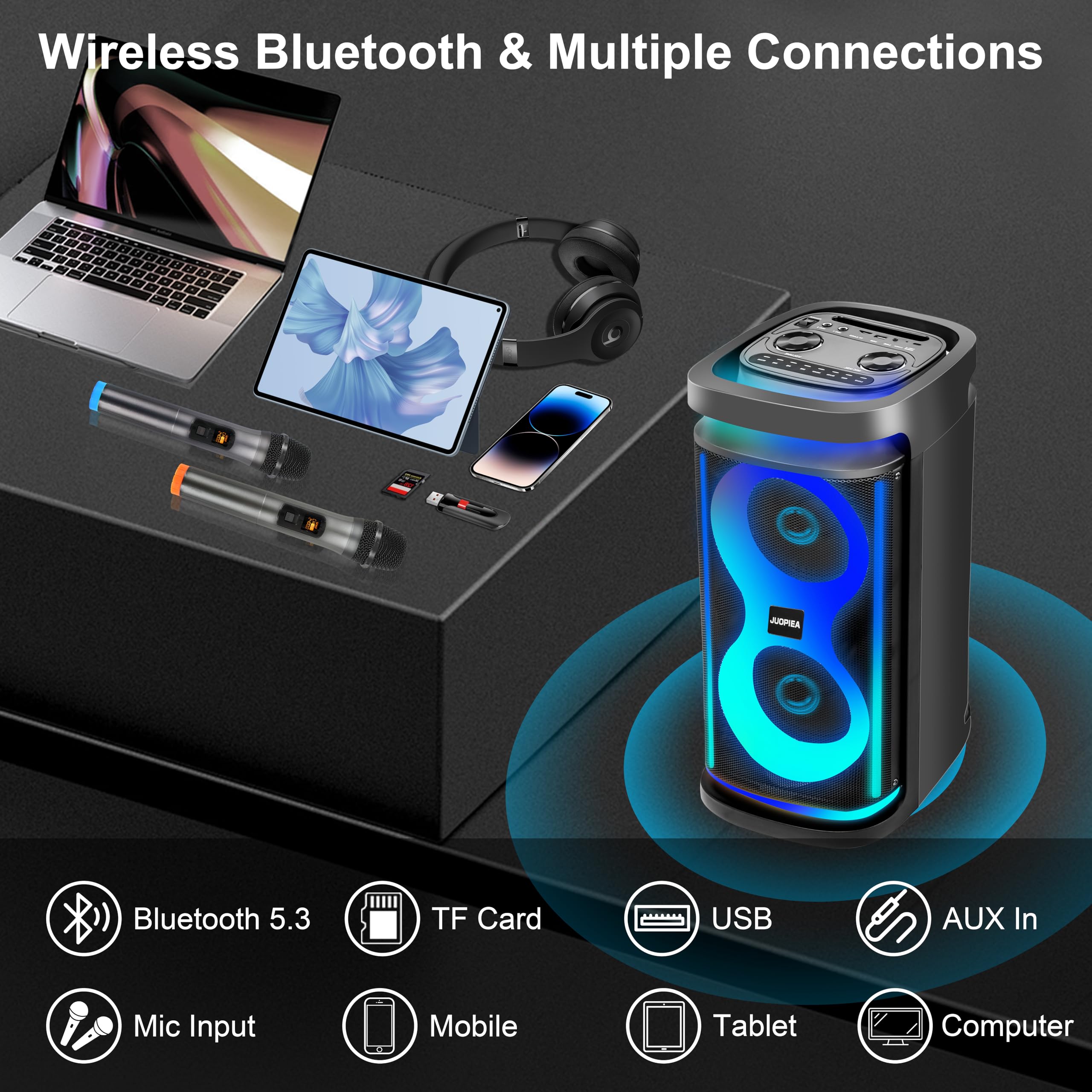 Portable Bluetooth Karaoke Machine for Adults - Dual 6.5-Inch Subwoofers, 2 Wireless Mics, Bass/Treble Control, LED Lights | TWS/USB/TF/REC/FM/AUX Support | Perfect for Home Parties, Outdoor Gatherings & Professional Singing Practice
