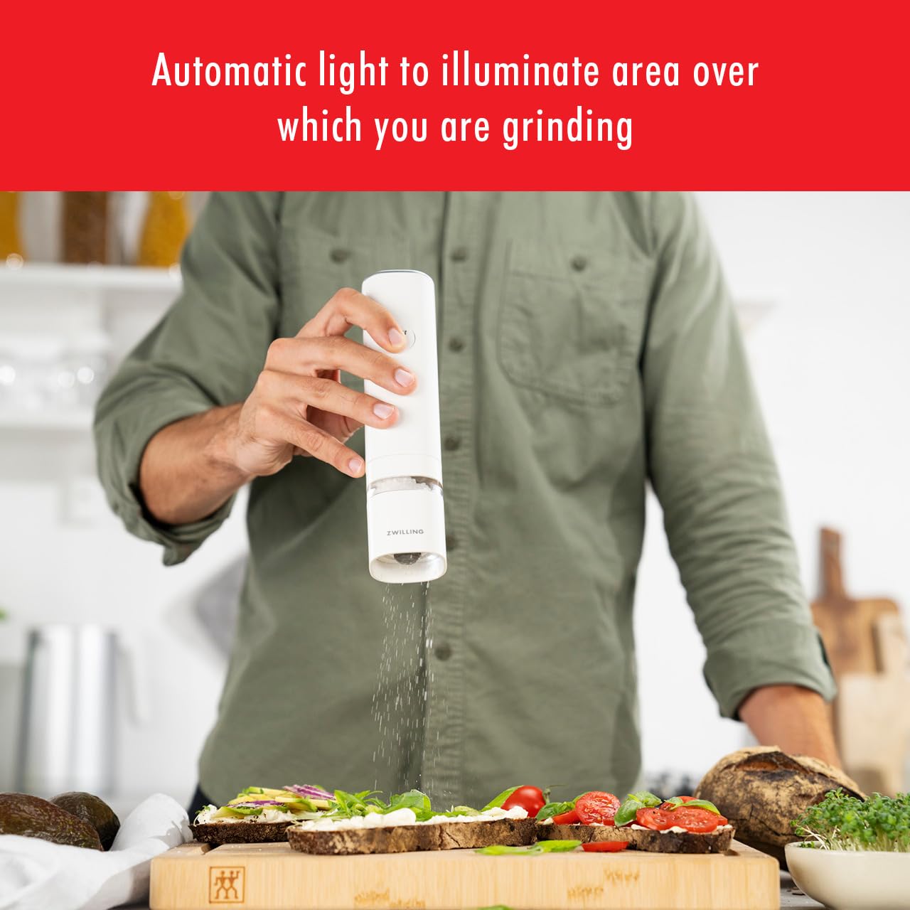 ZWILLING Enfinigy Electric Salt and Pepper Mill Set - Battery Operated, Adjustable Grinder for Fresh Seasoning - Perfect for Kitchen, Dining Table, and Gourmet Cooking - White