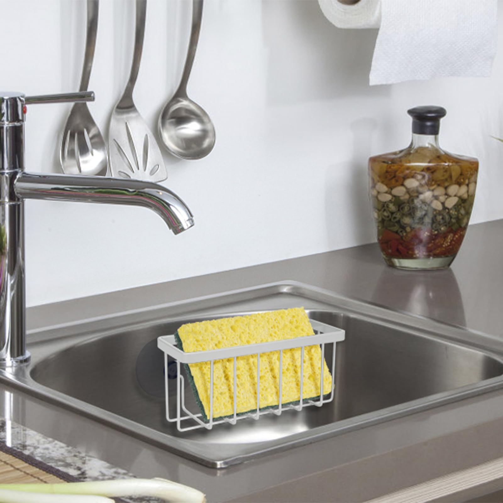 Stainless Steel Sponge Holder for Kitchen Sink - Durable Sink Caddy Organizer with Strong Suction Cups | Perfect for Dish Sponges, Scrubbers & Soap Bars - Keep Your Sink Area Clean & Tidy (Matte Silver)