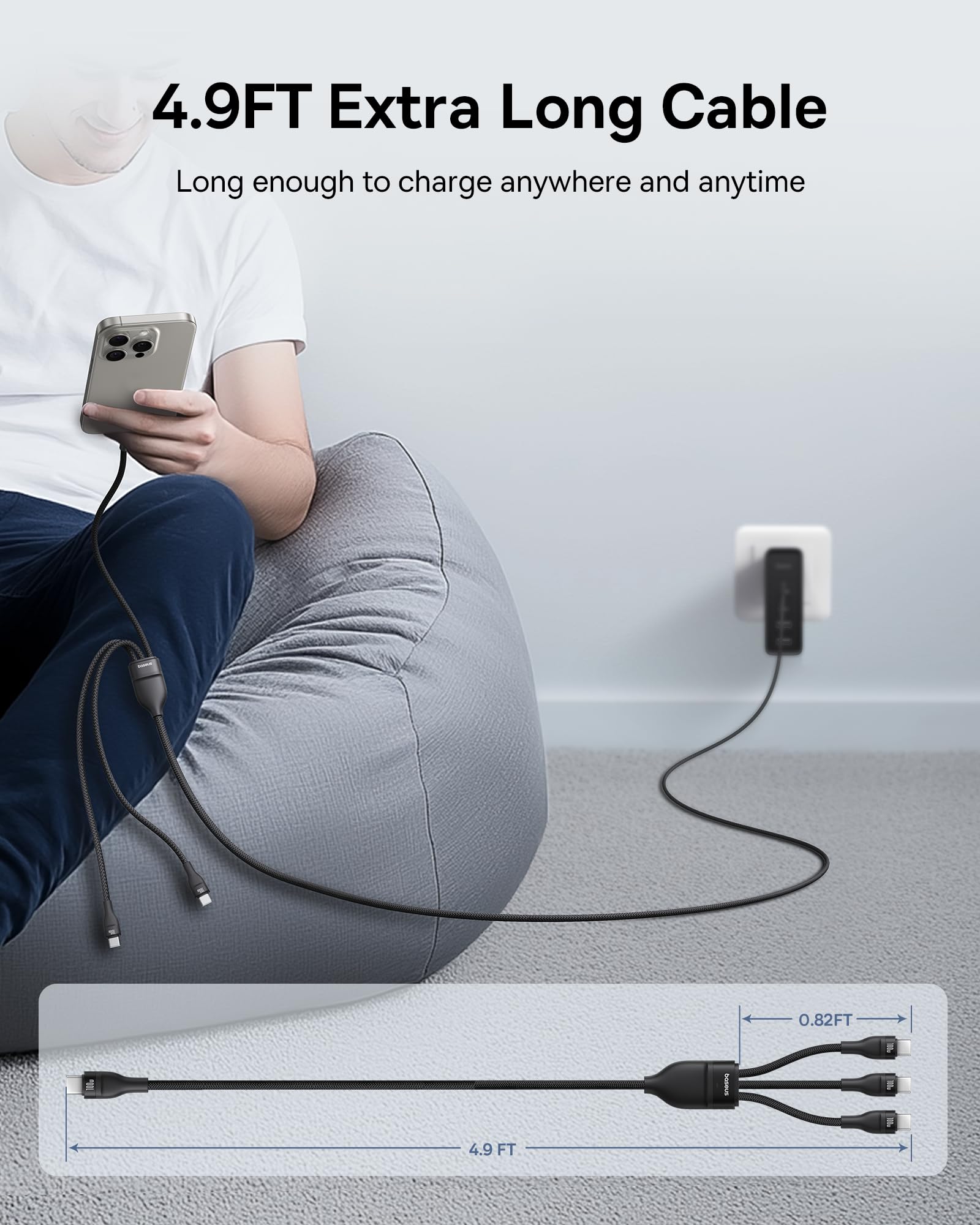 Baseus 3-in-1 Fast Charging Cable - Nylon Braided USB C Cable for iPhone 16/15/14/13/12/Pro/Plus/Max, MacBook, iPad Pro/Air/Mini, Samsung Galaxy S23/S22/Note - Multi Device Charger for Home, Office & Travel (Black)