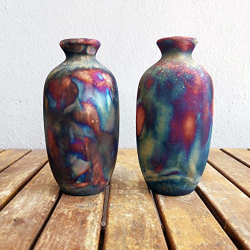 Handmade Ceramic Raku Vase Set of 2 - 7 Inch Boho Home Decor Pottery Gift for Women, Mom, Bridesmaid | Wedding, Housewarming, Anniversary Gift Idea | Perfect for Living Room, Bedroom & Office Decor