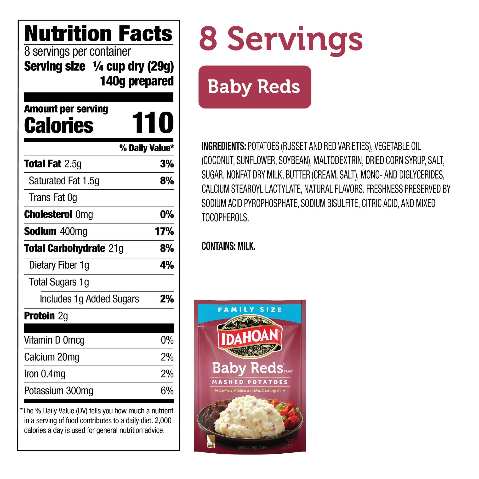 Idahoan Baby Reds Mashed Potatoes - Family Size 8.2 oz (Pack of 8) | Instant Mashed Potato Mix | Quick & Easy Side Dish for Family Dinners, Potlucks & Holiday Meals