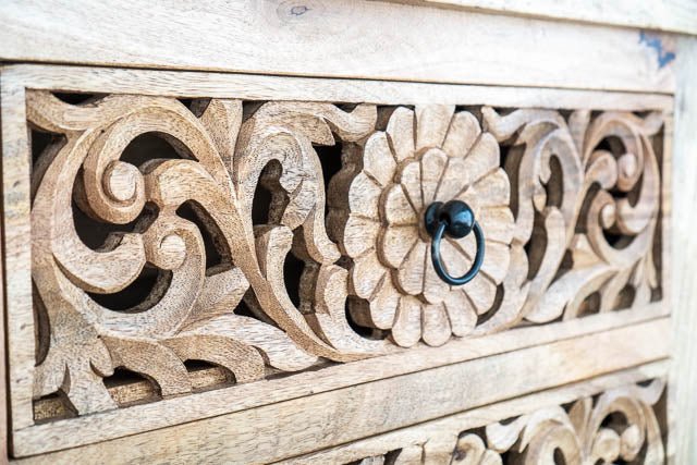 Hand Carved Indian Flower Dresser - Solid Wood Tallboy Chest with 6 Drawers | Vintage Boho Bedroom Furniture for Storage & Organization