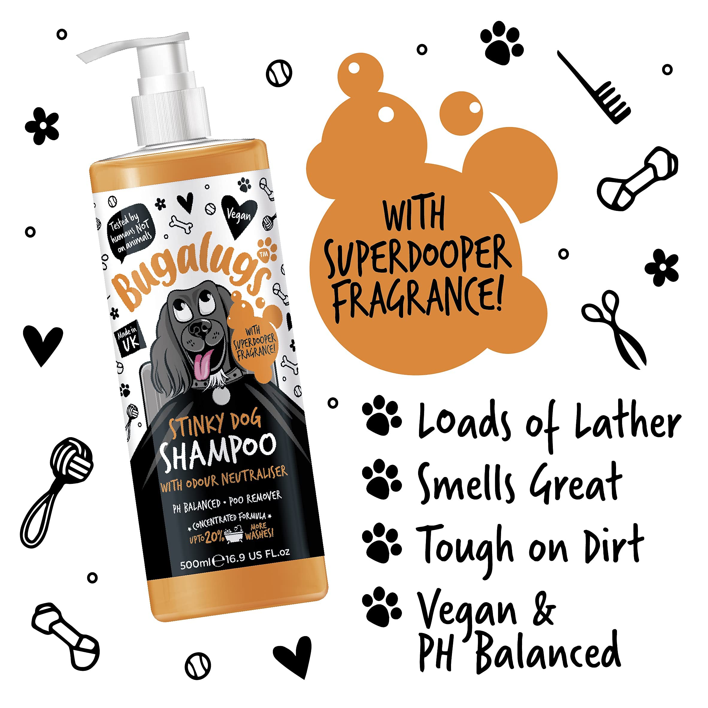 BUGALUGS Odor Neutralizing Dog Shampoo for Smelly Dogs - Fox Poo & Stink Remover with Natural Perfume | Vegan, Hypoallergenic Puppy Shampoo & Conditioner for Sensitive Skin (500ml) | Perfect for Outdoor Adventures, Post-Walk Cleansing & Smelly Pet Care