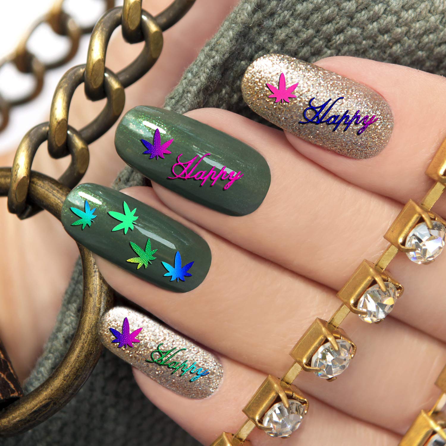 12 Sheets Pot Leaves Nail Stickers - Colorful Self-Adhesive Leaf Nail Decals for Women | Perfect for Fall Nail Art, Halloween Manicures & Nature-Inspired Nail Designs