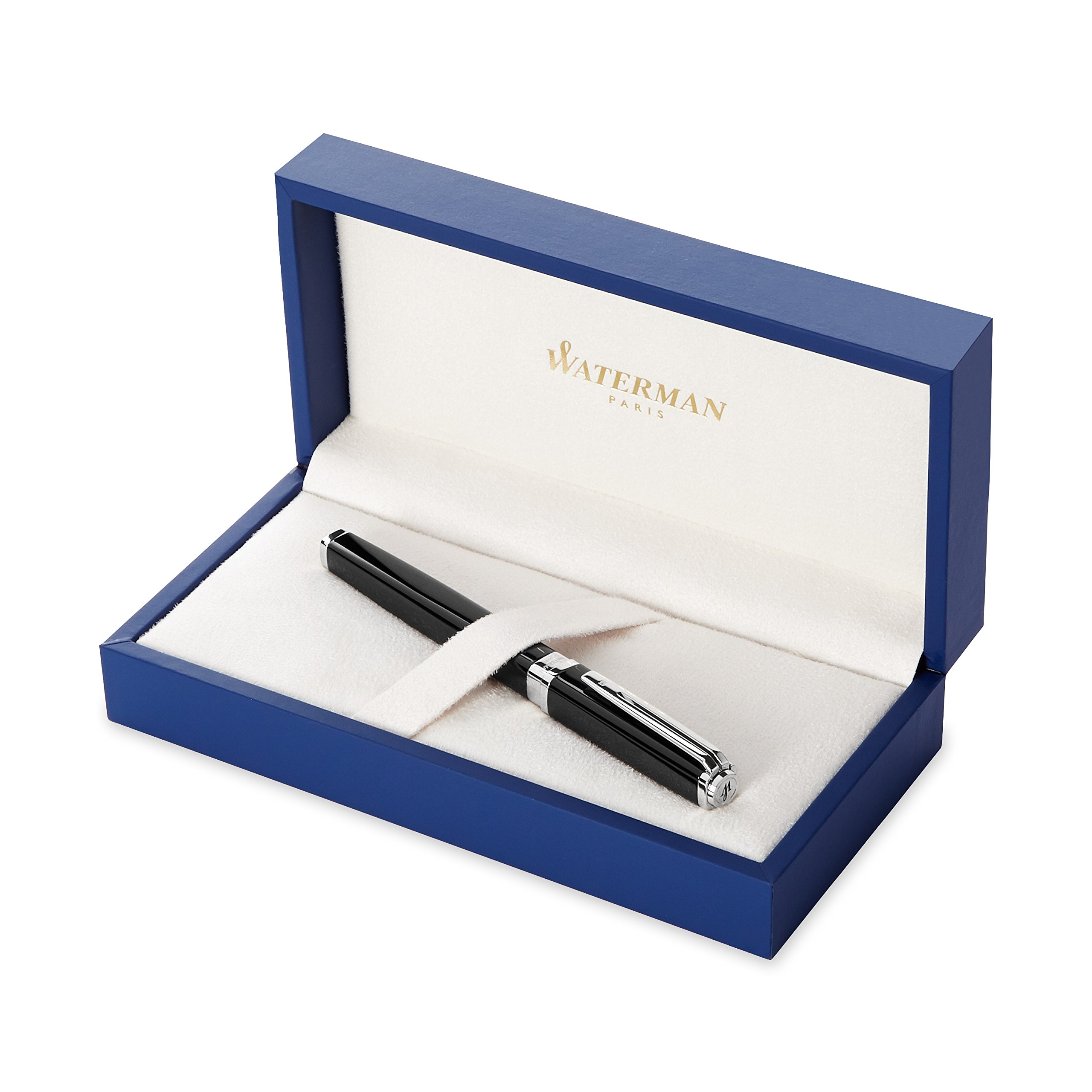 Waterman Exception Fountain Pen - Slim Black with Silver Plated Clip, Fine Nib & Blue Ink Cartridge | Luxury Writing Instrument for Professionals, Gift Box Included | Perfect for Business Signatures, Journaling & Elegant Correspondence