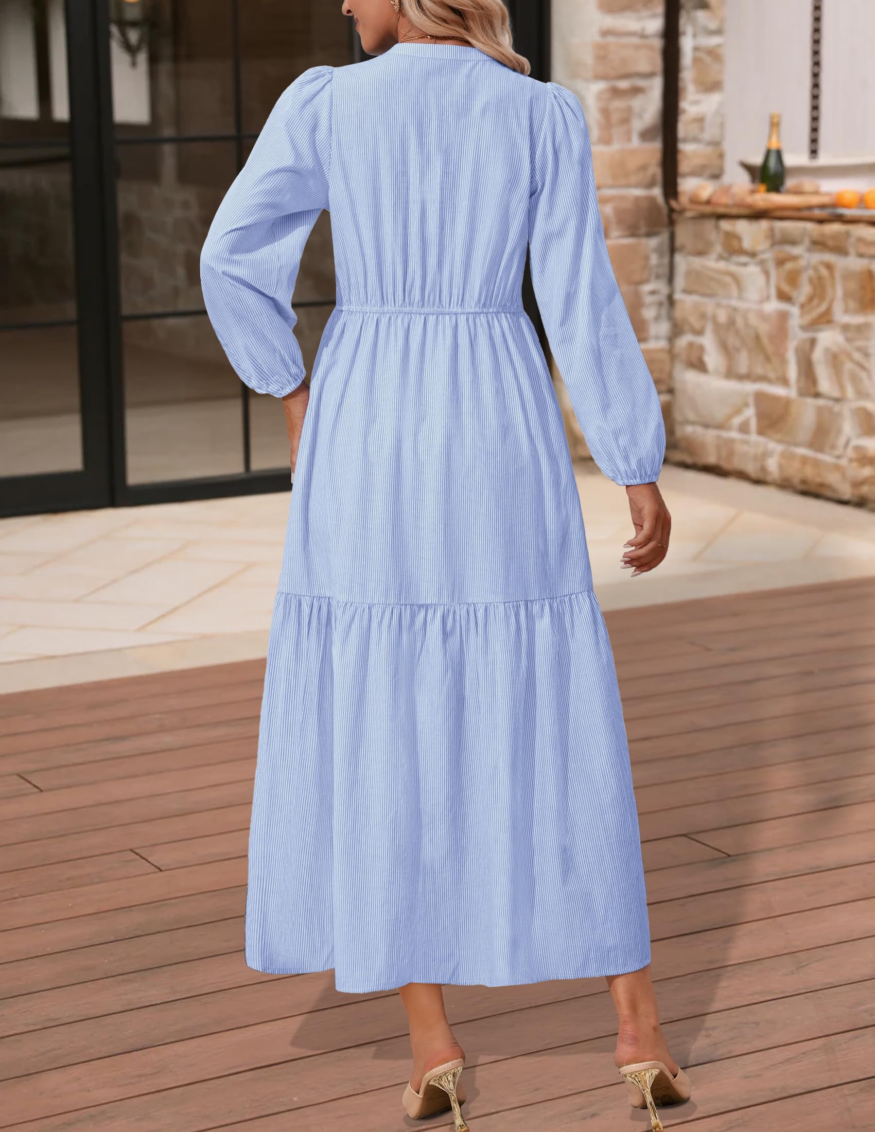 NENONA Women's 2025 Striped Long Sleeve Maxi Dress - V Neck Flowy Lightweight Spring Summer Beach Dress with Pockets | Casual Vacation Wear for Outing, Travel & Date Night
