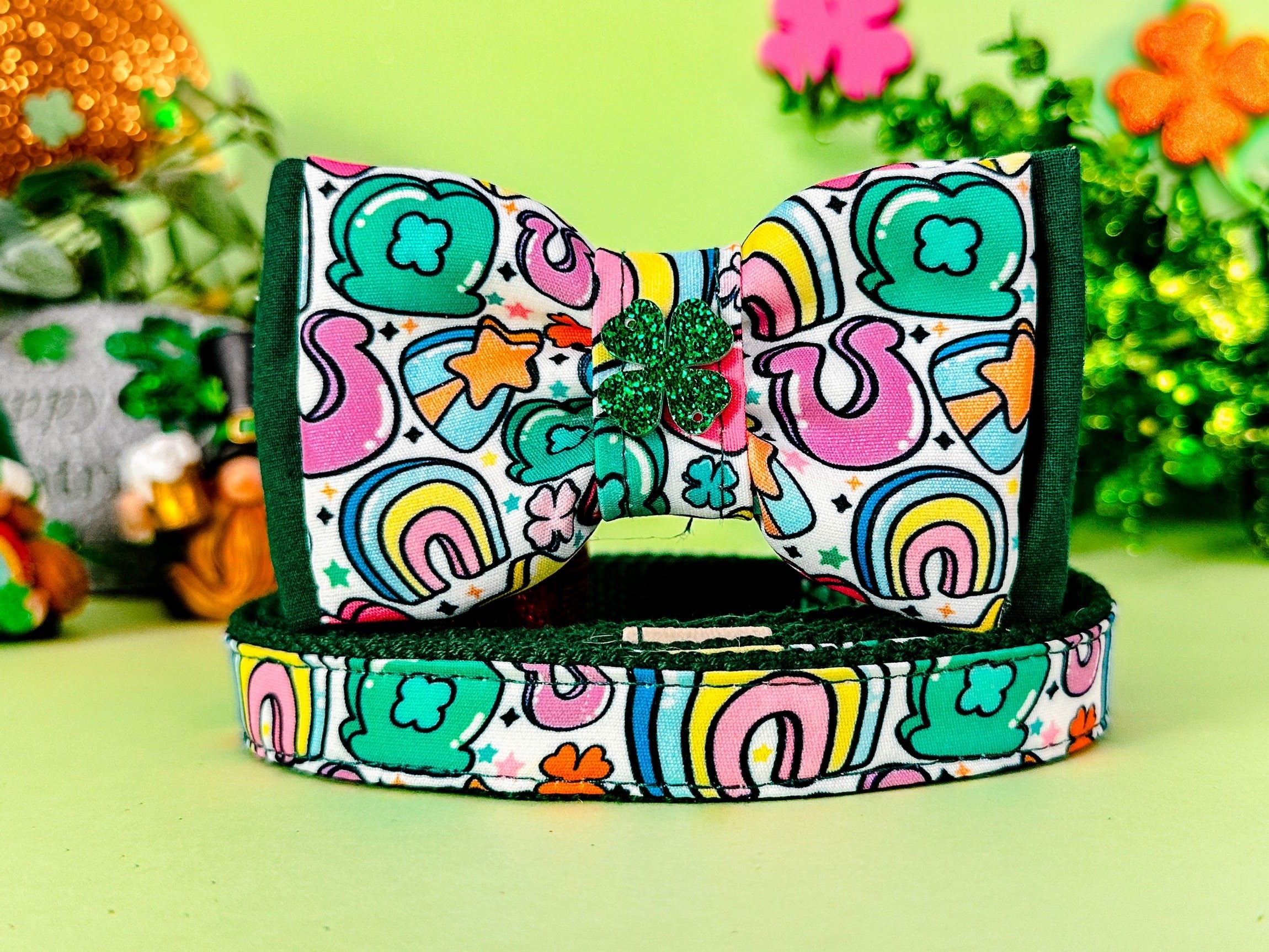 St. Patrick's Day Dog Collar with Bow Tie & Rainbow Charms - Festive Pet Accessory for Irish Celebrations, Parades & Holiday Photos