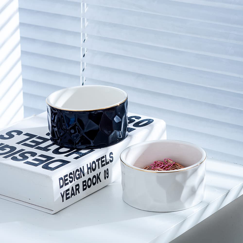 Ceramic Paper Clip Holder - Round Desk Organizer for Binder Clips & Office Supplies, Cute Gold Line Design (White) - Perfect for Home Office, School & Workspace Organization