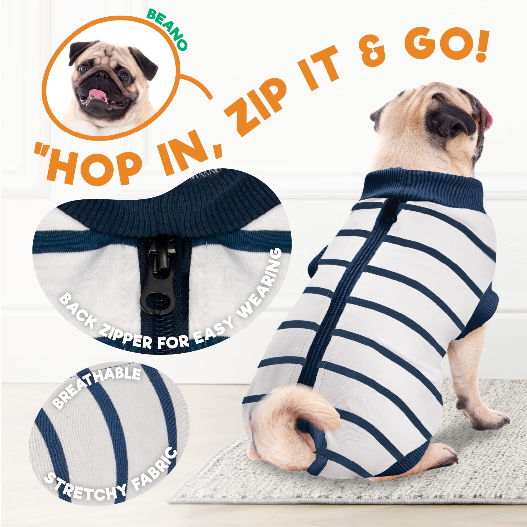 BENCMATE Dog Recovery Suit - Post-Surgery Pet Onesie with Zipper, Soft Abdominal Wound Bandage Alternative to E-Collar & Cone, Comfortable Dog Shirt for Small Breeds (Breton Stripes) - Perfect for Post-Op Care, Wound Protection, and Stress-Free Healing