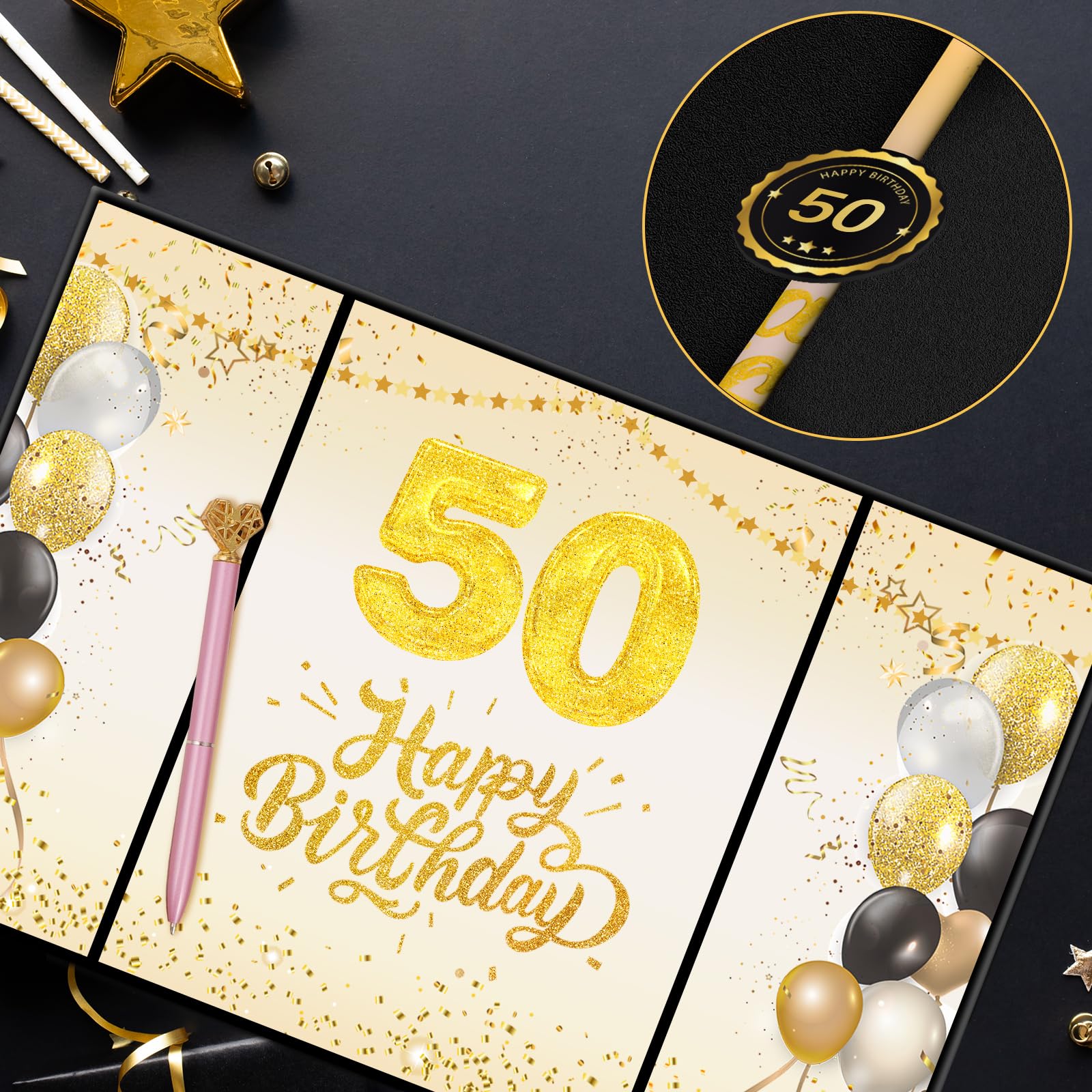 Tnvee Black Gold 50th Birthday Party Decorations Set for Men & Women - Happy 50th Birthday Guest Book, Signing Board & Party Supplies - Perfect for Mom, Wife, Husband Celebrations - Cheers to 50 Years - Great for Milestone Birthday Parties, Retirement Celebrations & Anniversary Events