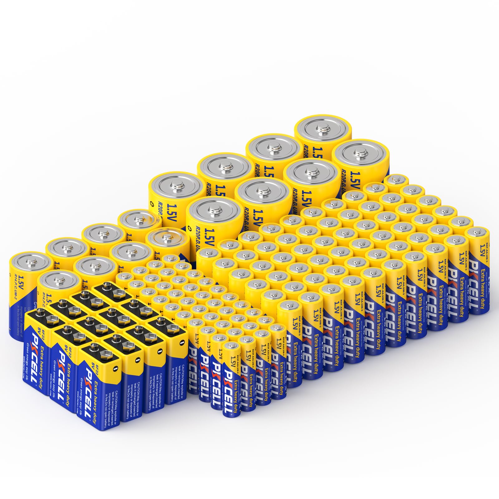PKCELL 128-Piece Battery Combo Pack - 60 AA, 40 AAA, 8 C, 8 D & 12 9V Batteries for Household Electronics - Ideal for Remote Controls, Toys, Flashlights, Clocks & Emergency Devices