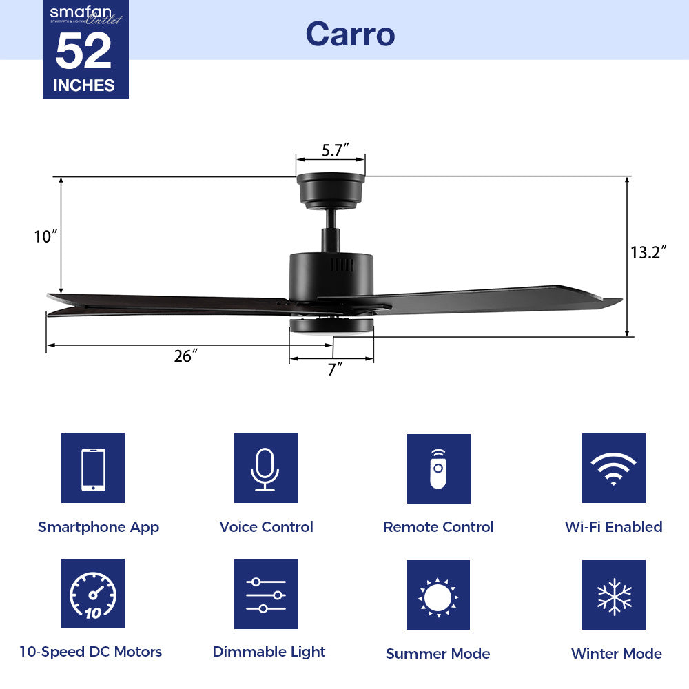 52 Inch Coro Smart Ceiling Fan with LED Light & Remote Control - Energy Efficient, Quiet Operation for Bedroom, Living Room & Office