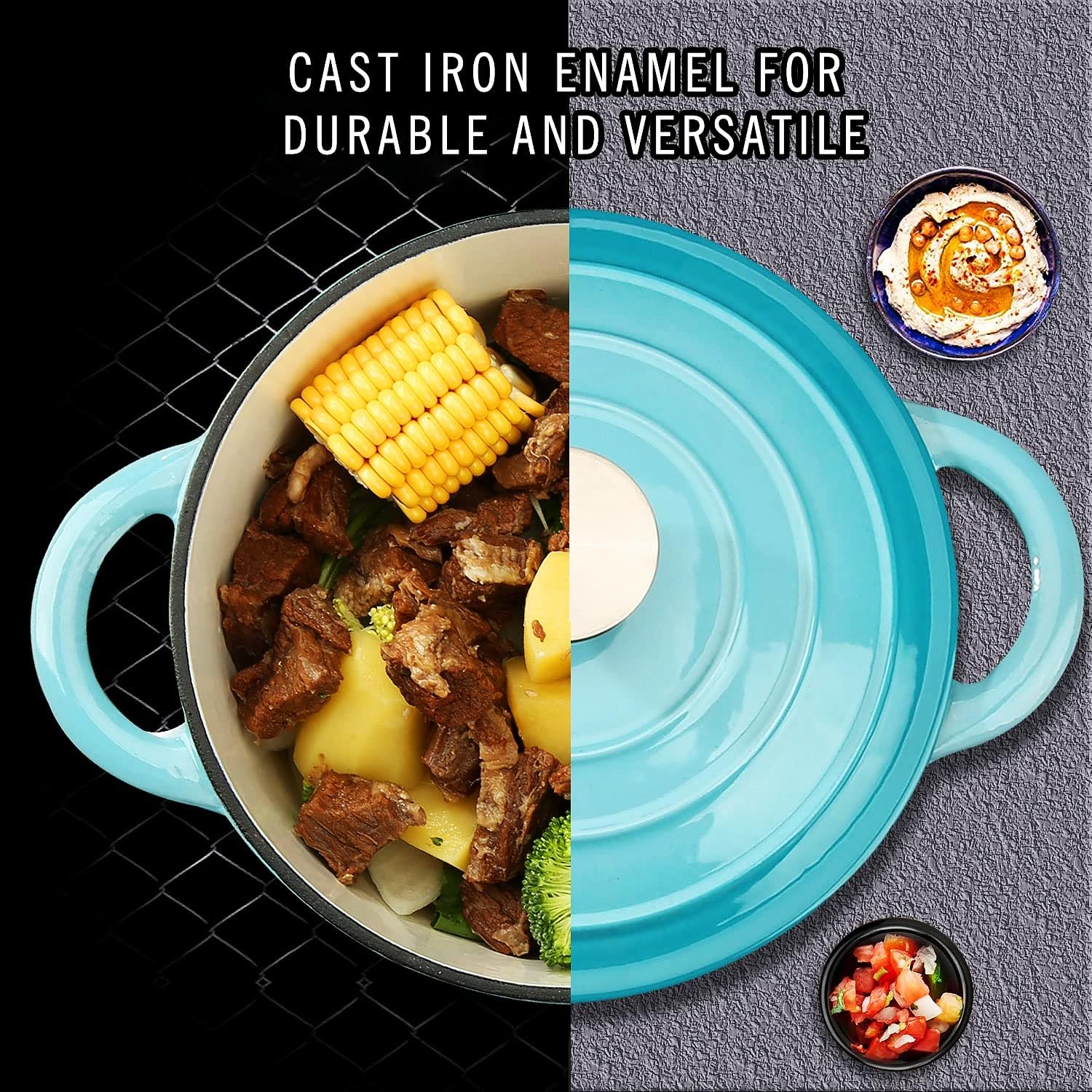 **5 QT Enameled Cast Iron Dutch Oven – Non-Stick Bread Baking Pot with Self-Basting Lid, Durable Enamel Coated Cookware – Perfect for Soups, Stews & Baking – Ideal Christmas Gift for Family & Home Chefs (Teal)**