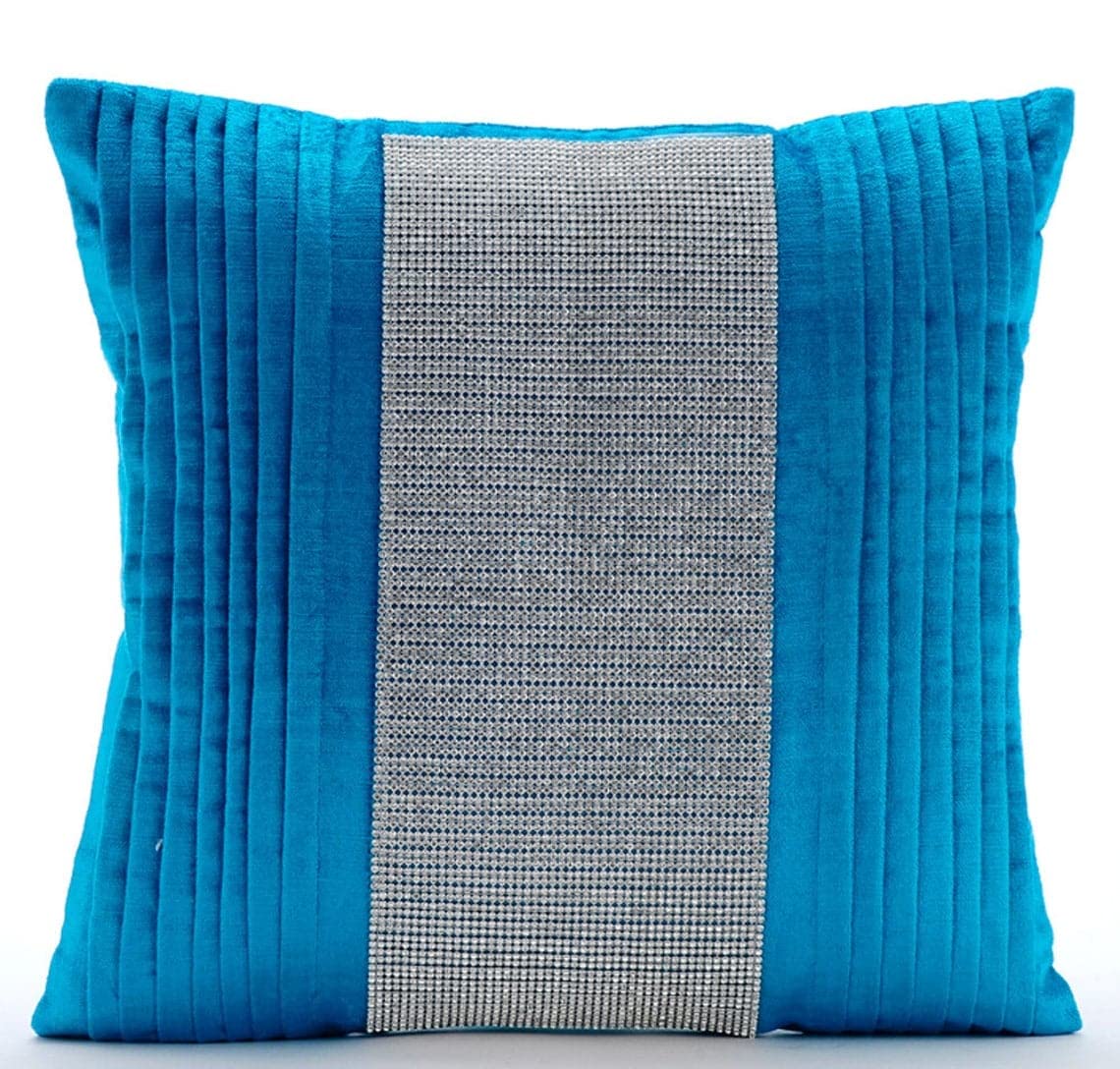 Premium Velvet Square Pillow Covers 12x12 inch (30x30 cm) - Modern Blue Throw Pillow Cases with Crystals & Pintuck Stripes for Sofa, Bed, Couch Decor - Luxury Diamond Pattern Home Accent