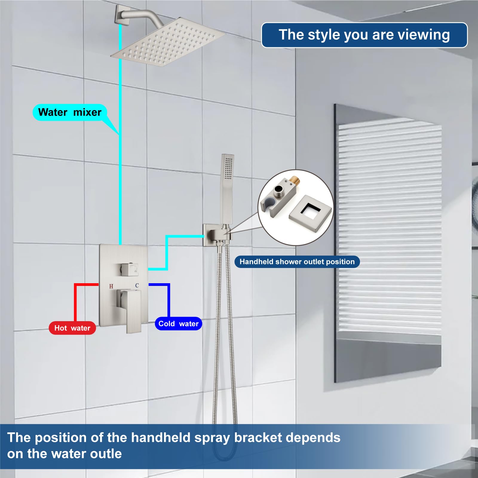 Midanya 8 Inch Square Rainfall Shower System - Brushed Nickel Wall Mount Shower Faucet Set with Hand Sprayer, Rough-in Valve & Trim Kit - Luxury Bathroom Mixer Combo for Spa-Like Experience