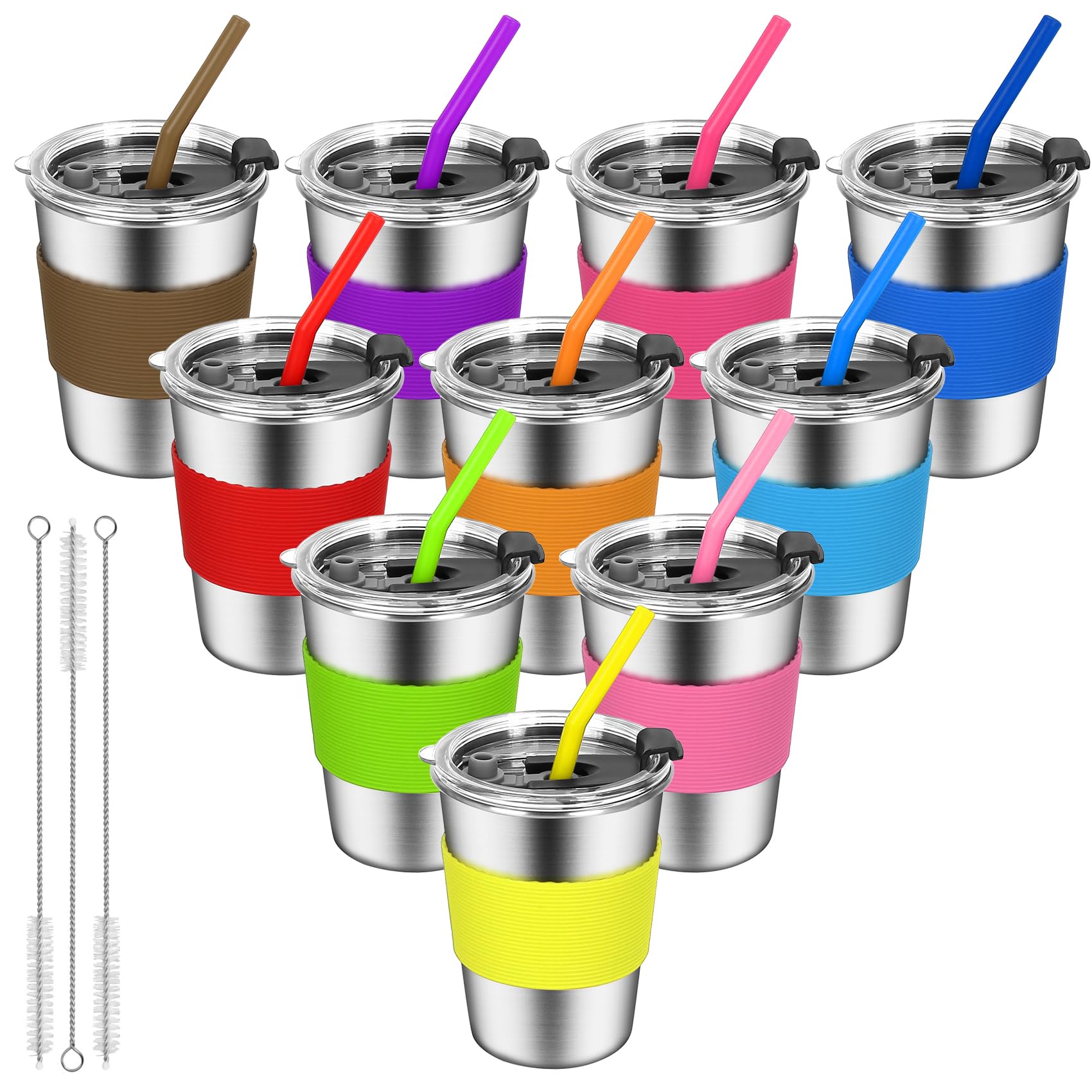 ShineMe 12oz Spill-Proof Toddler Cups with Straws - Reusable Stainless Steel Kids Drinking Cups with Lids & Colorful Silicone Sleeves - Unbreakable for Milk, Water, Juice - Perfect for Daycare, Travel, School Lunch (10-Pack)
