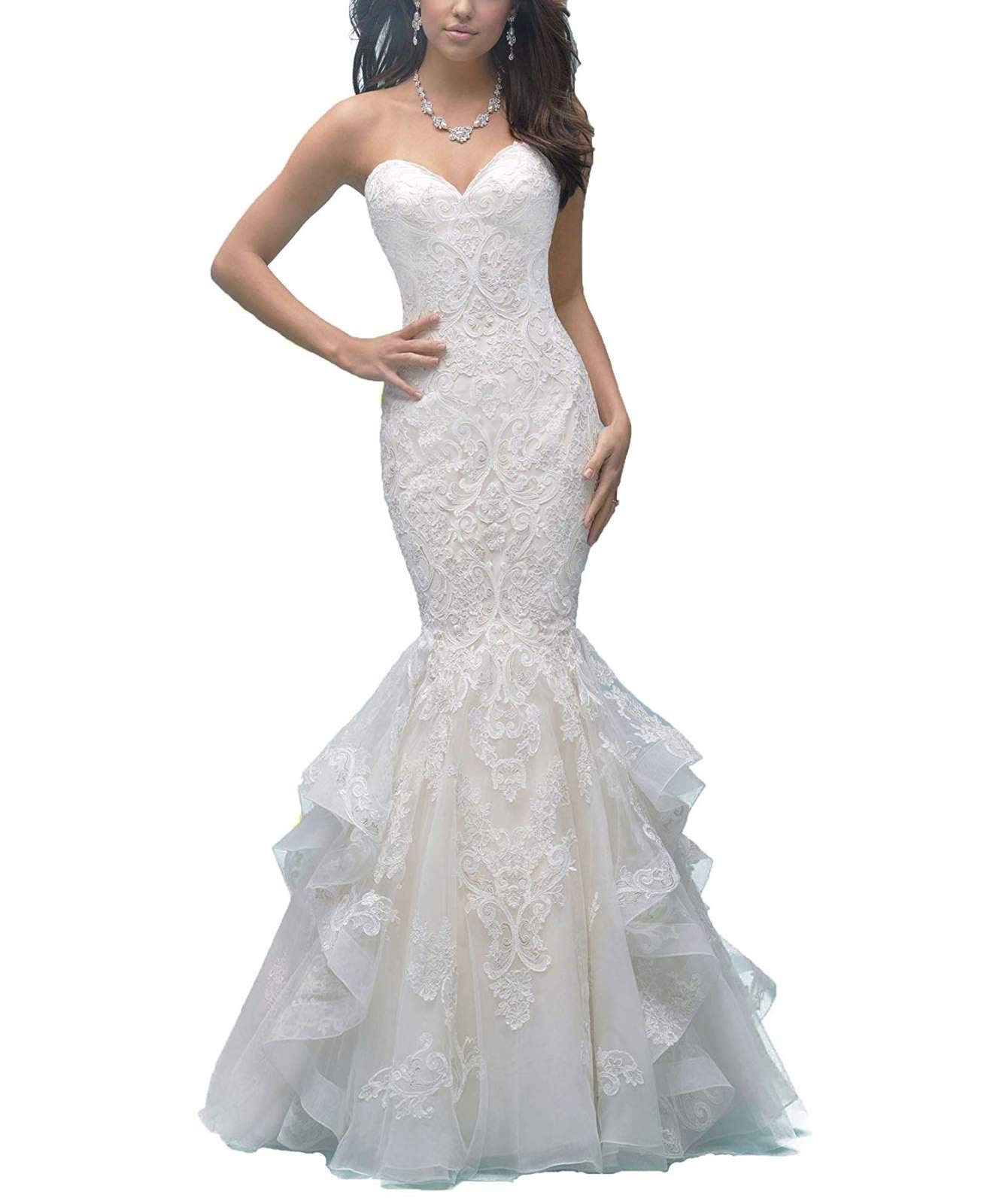 Elegant Sweetheart Neckline Lace Applique Mermaid Wedding Dress with Ruffles & Train – Perfect for Bridal Ceremonies, Vow Renewals & Formal Events