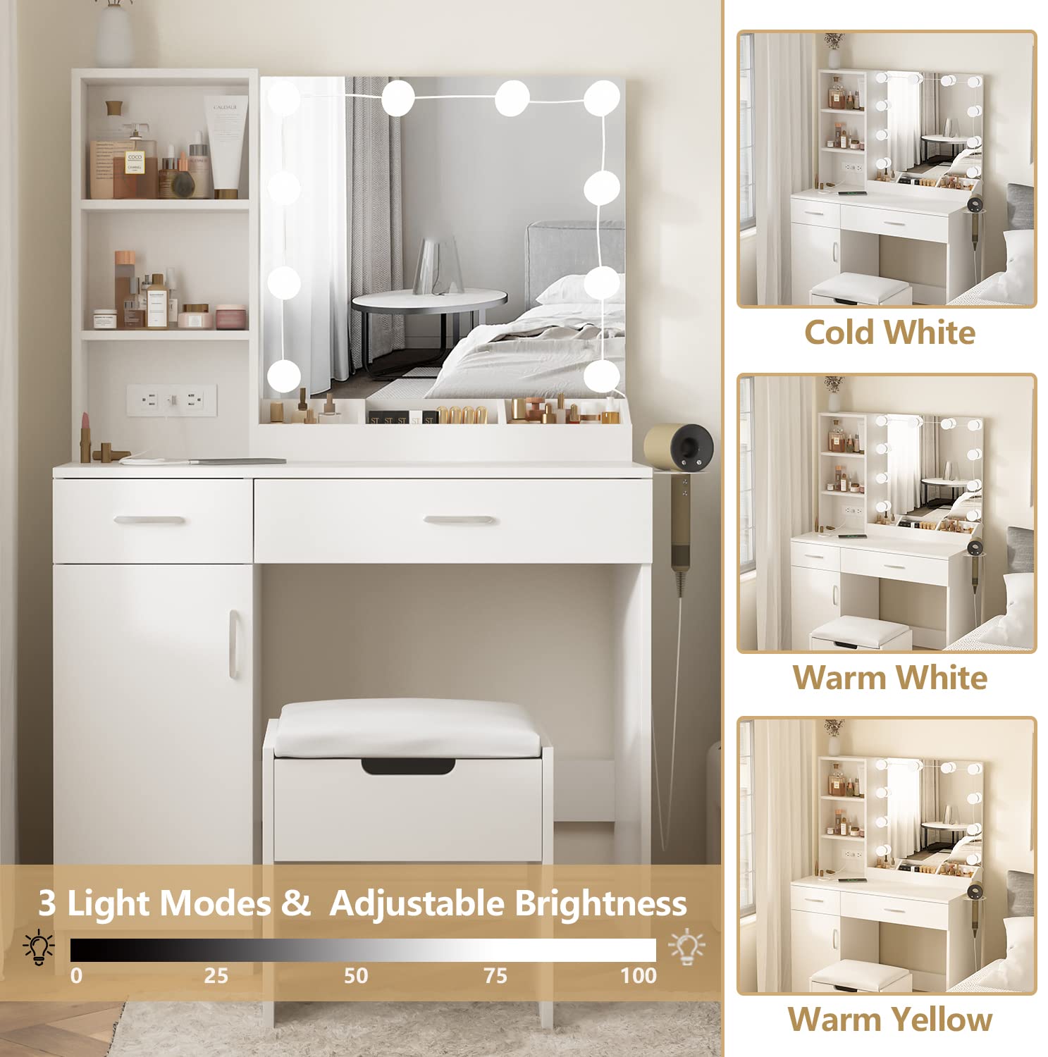 Fameill White Makeup Vanity Desk with LED Lighted Mirror, Power Strip & Storage - 2 Drawers, 3 Lighting Colors, 35.4 Inch - Perfect for Bedroom, Dressing Room & Beauty Salon Makeup Application