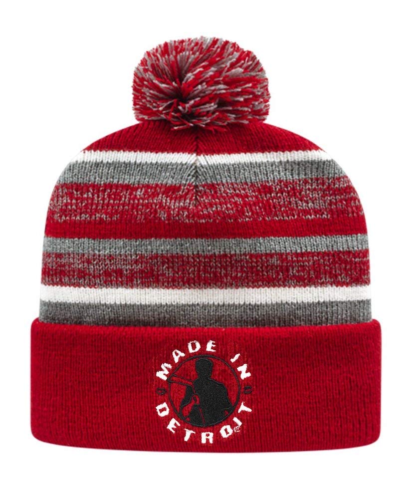 Detroit Hockey Cuffed Pom Beanie - Red Winter Hat for Men & Women | Warm Knit Skull Cap for Outdoor Sports, Snowboarding, and Casual Wear