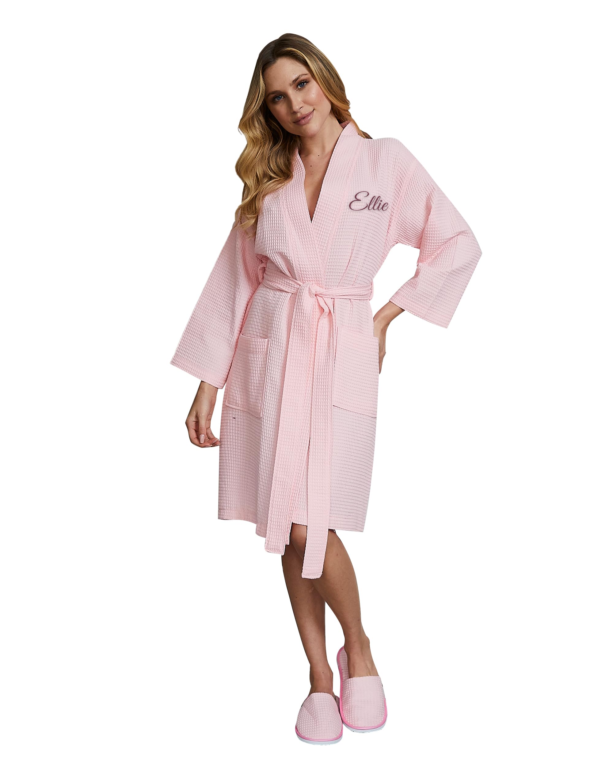 Lotus Linen Women's Lightweight Waffle Kimono Robe - Soft Cotton Spa Bathrobe for Bridesmaids, Bridal Shower & Bachelorette Party - Knee Length Lounge Robe for Relaxation & Self Care