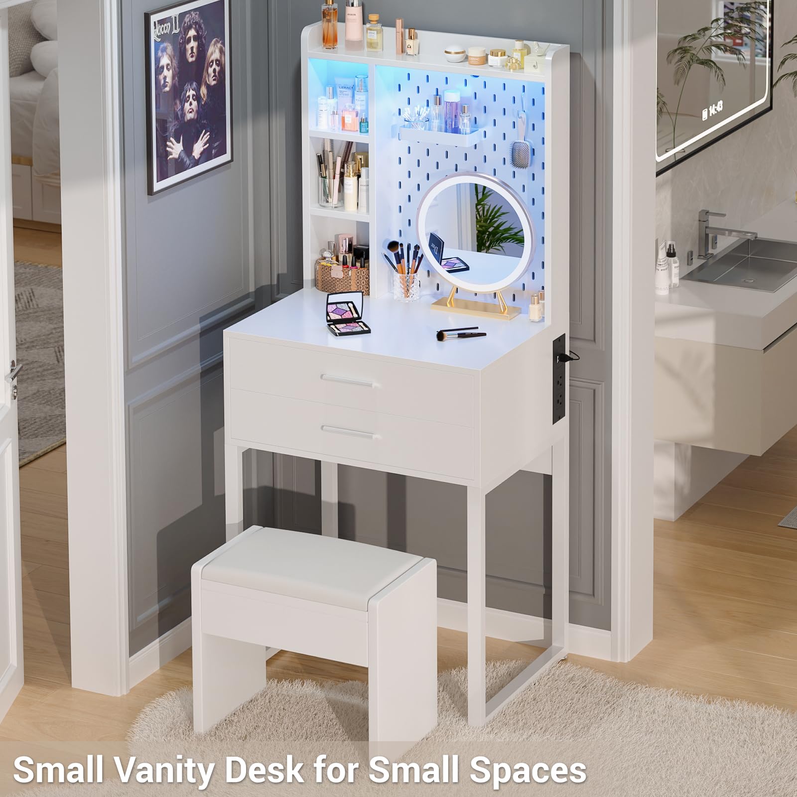 White Vanity Desk with Hutch, Drawers & LED Lights - 24