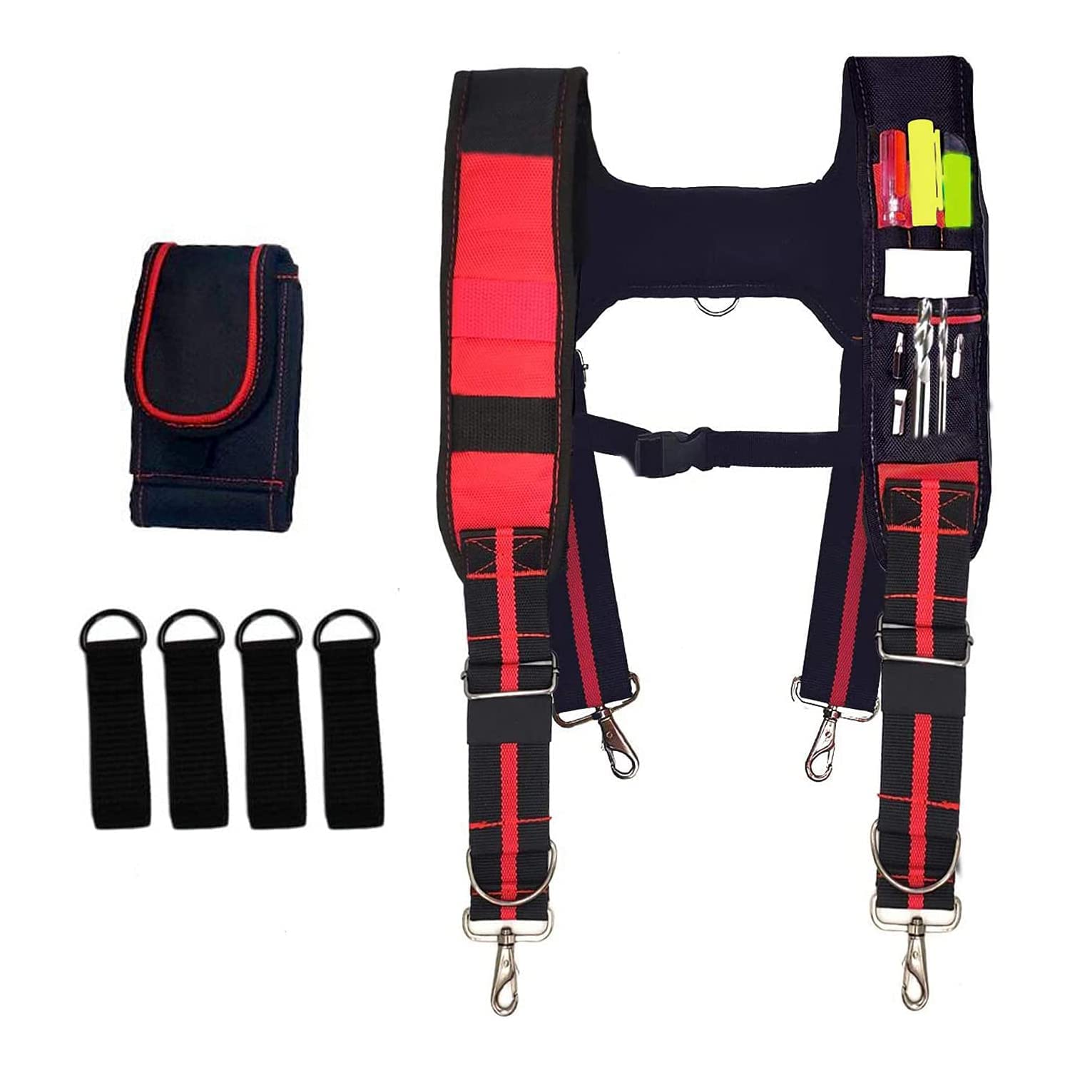 Heavy Duty Padded Tool Belt Suspenders with Magnetic Pockets - 4 Point Adjustable Work Harness for Carpenters & Construction Workers (Red & Black) - Ideal for Holding Tools, Nails & Screws On The Job